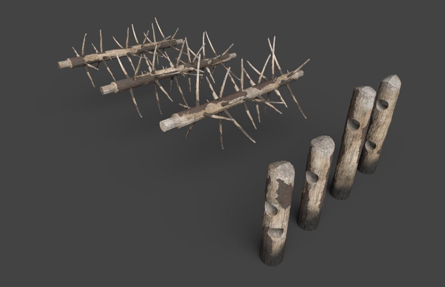 Medieval spiky tree trunk barricade Low-poly 3D model_22