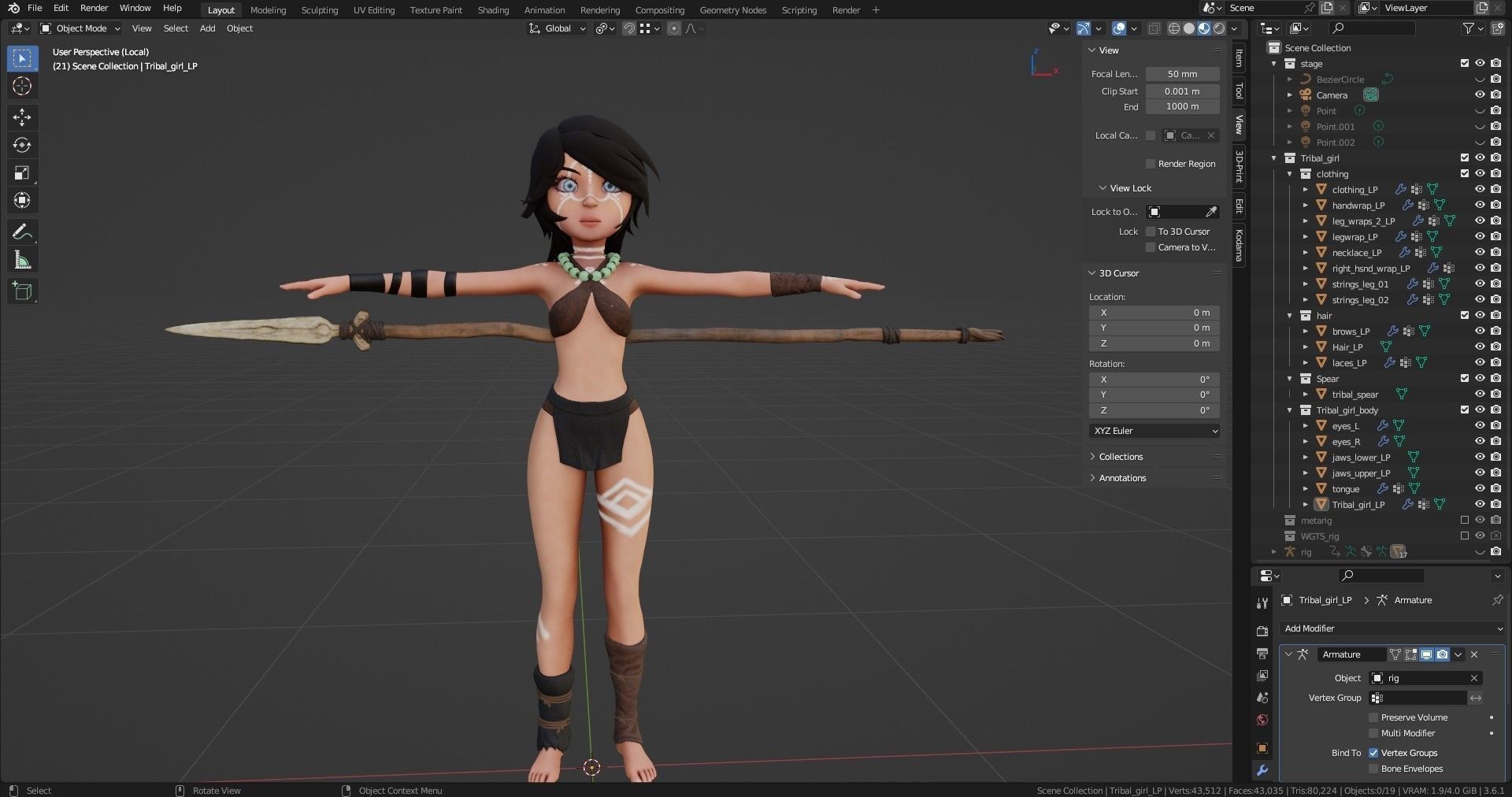 Tribal Girl - Rigged Character for Blender Low-poly 3D model_43