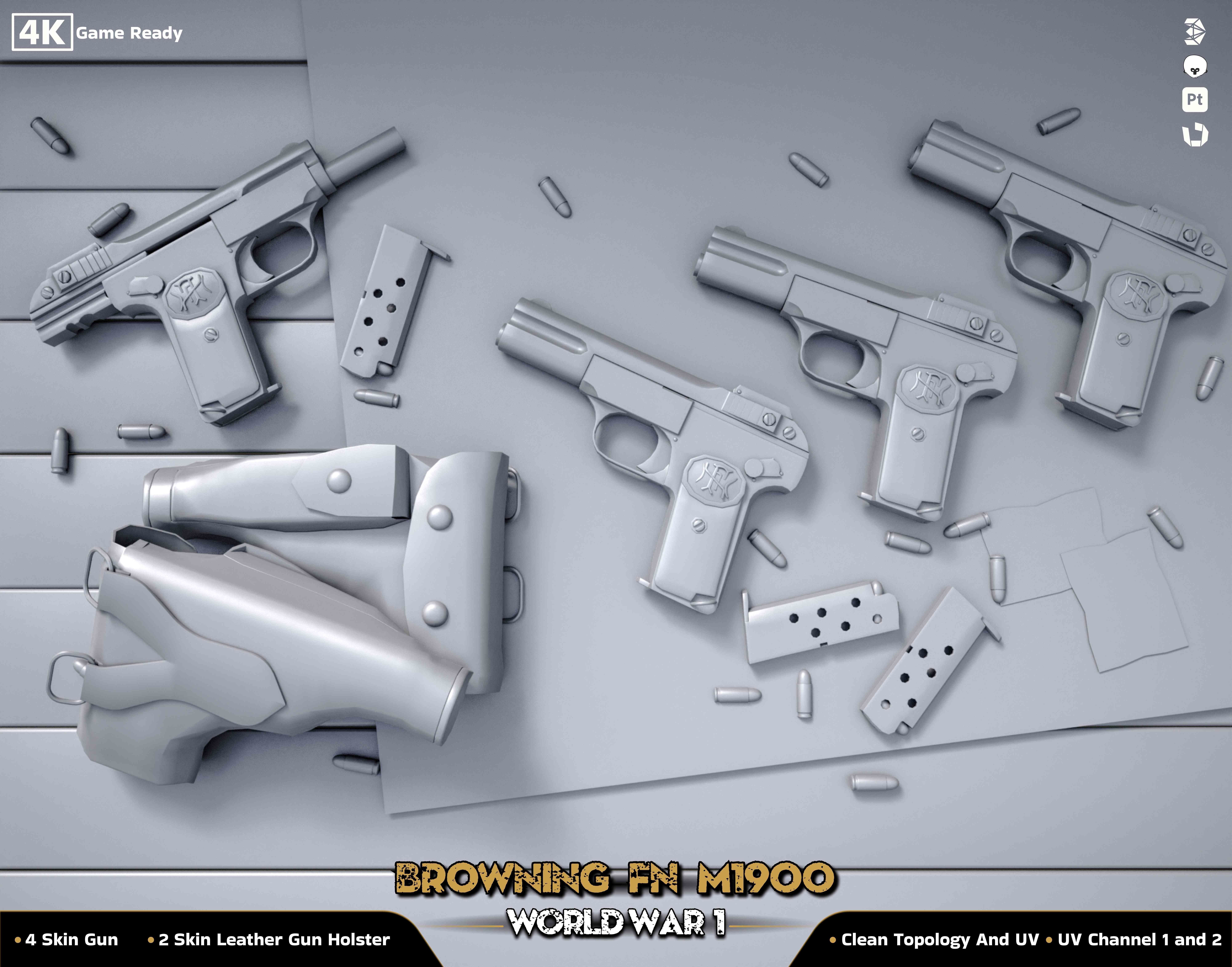 Browning FN M 1900 Colt World War  Low-poly 3D model_11
