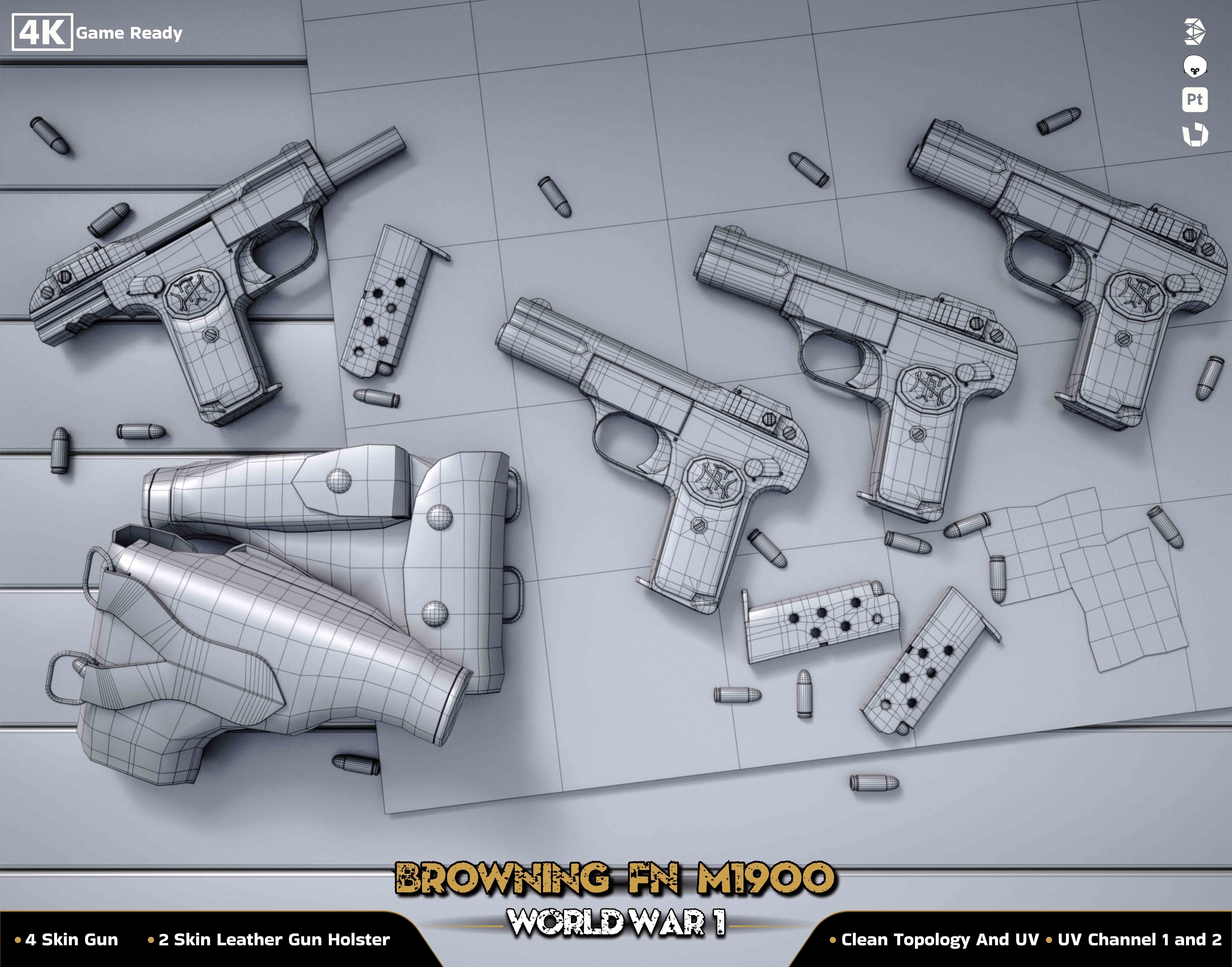 Browning FN M 1900 Colt World War  Low-poly 3D model_9