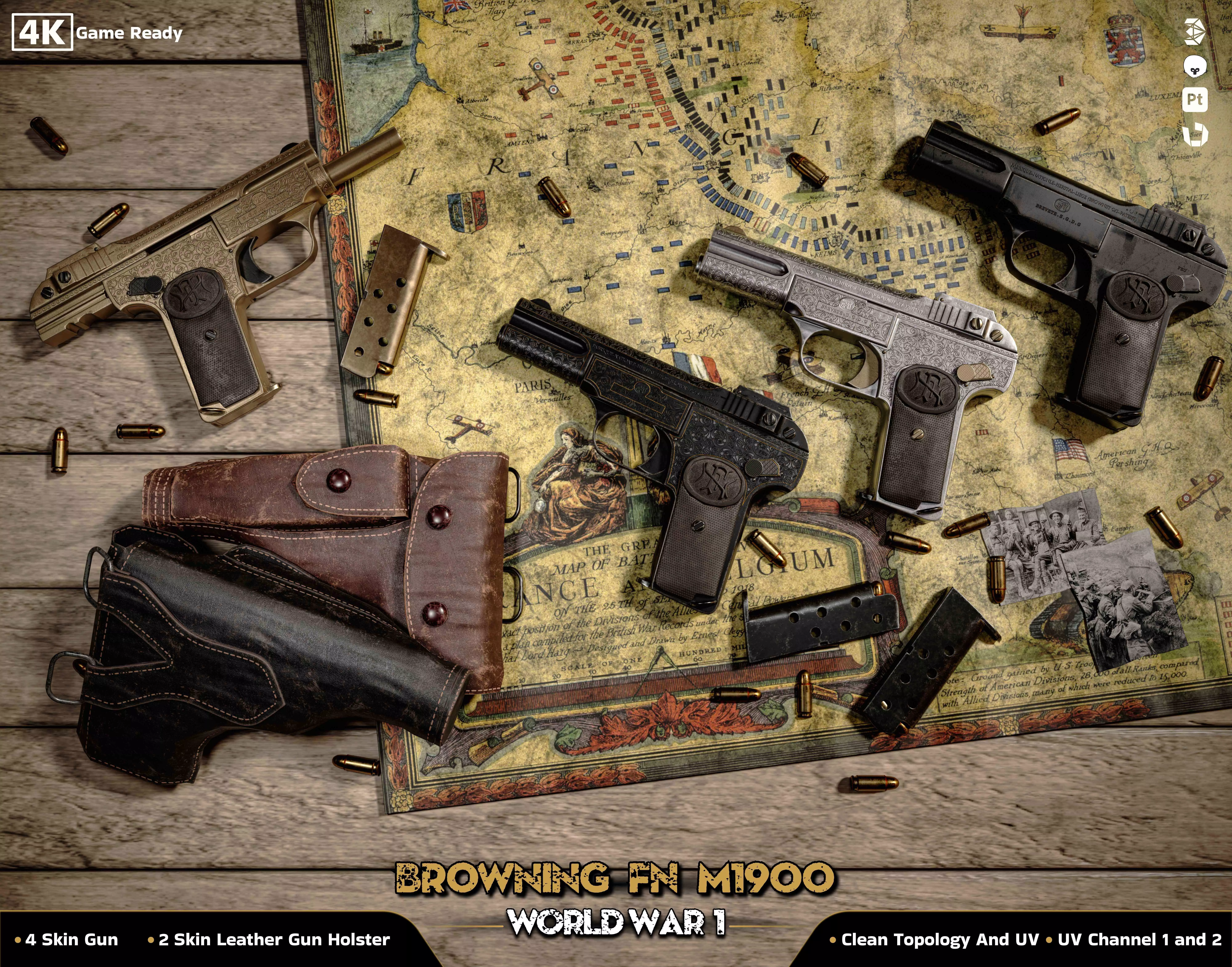Browning FN M 1900 Colt World War  Low-poly 3D model_0