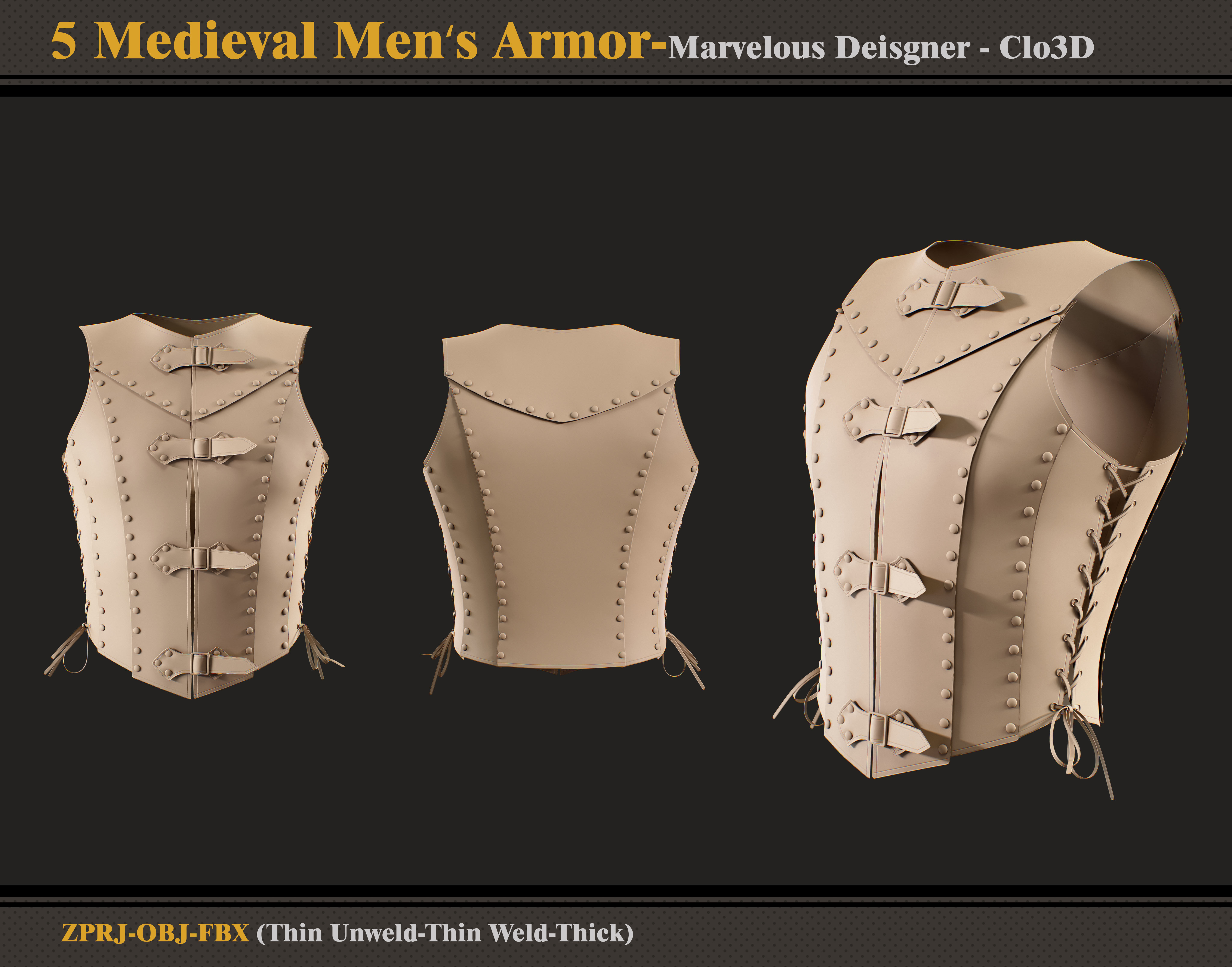 5 Medieval Men Armor -Marvelous Designer-Clo3D -ZPRJ - FBX - OBJ 3D model_2
