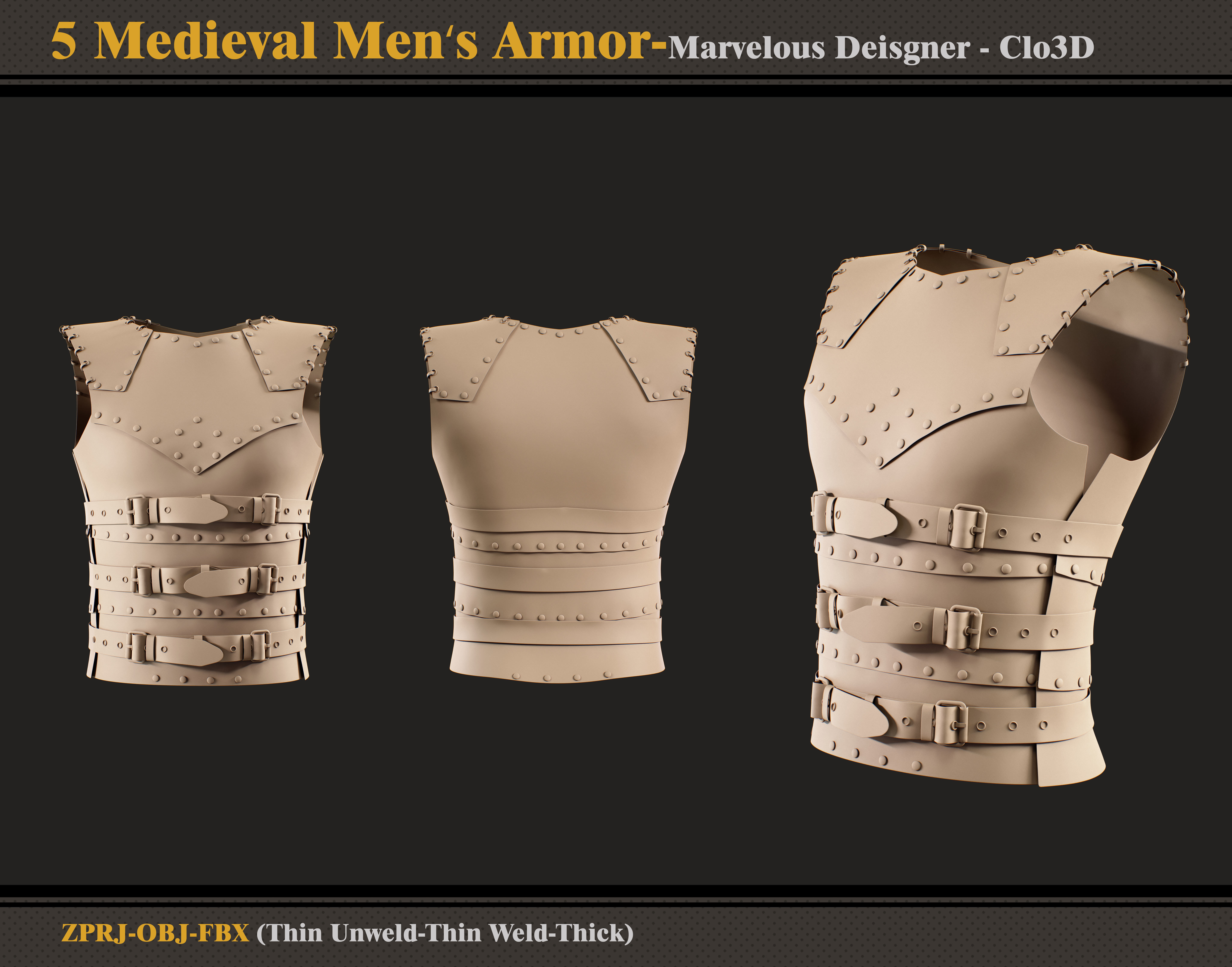 5 Medieval Men Armor -Marvelous Designer-Clo3D -ZPRJ - FBX - OBJ 3D model_3