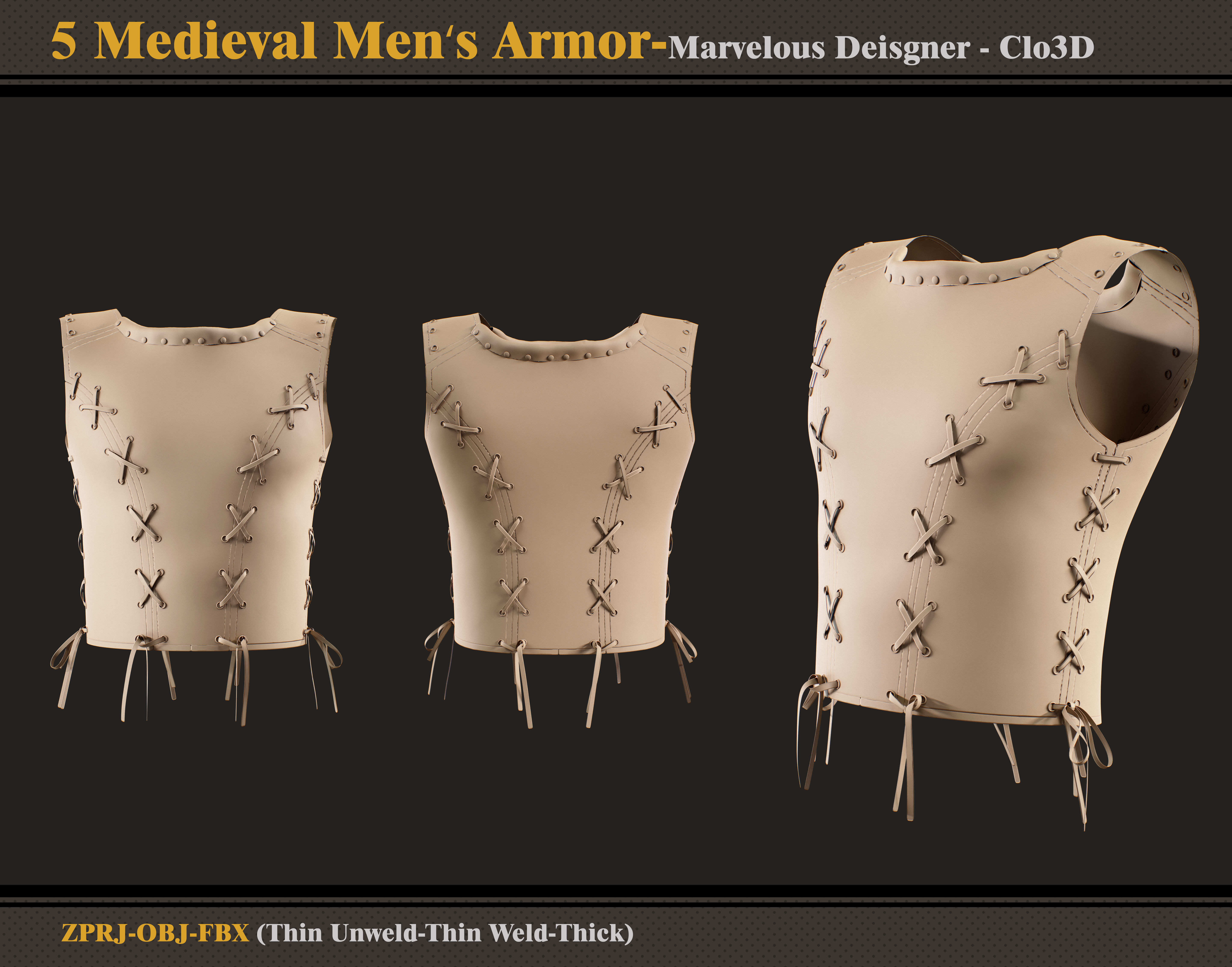 5 Medieval Men Armor -Marvelous Designer-Clo3D -ZPRJ - FBX - OBJ 3D model_4