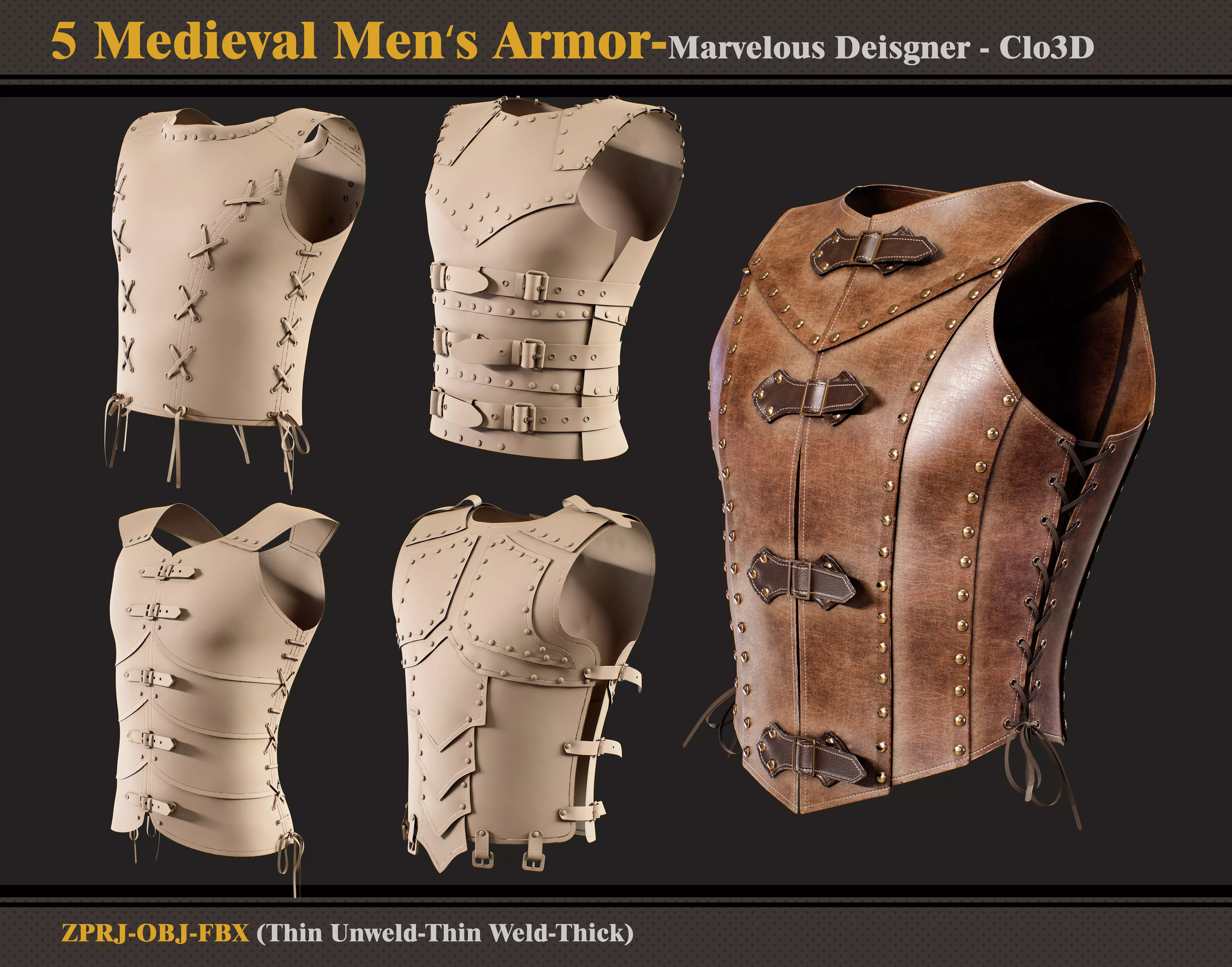5 Medieval Men Armor -Marvelous Designer-Clo3D -ZPRJ - FBX - OBJ 3D model_0
