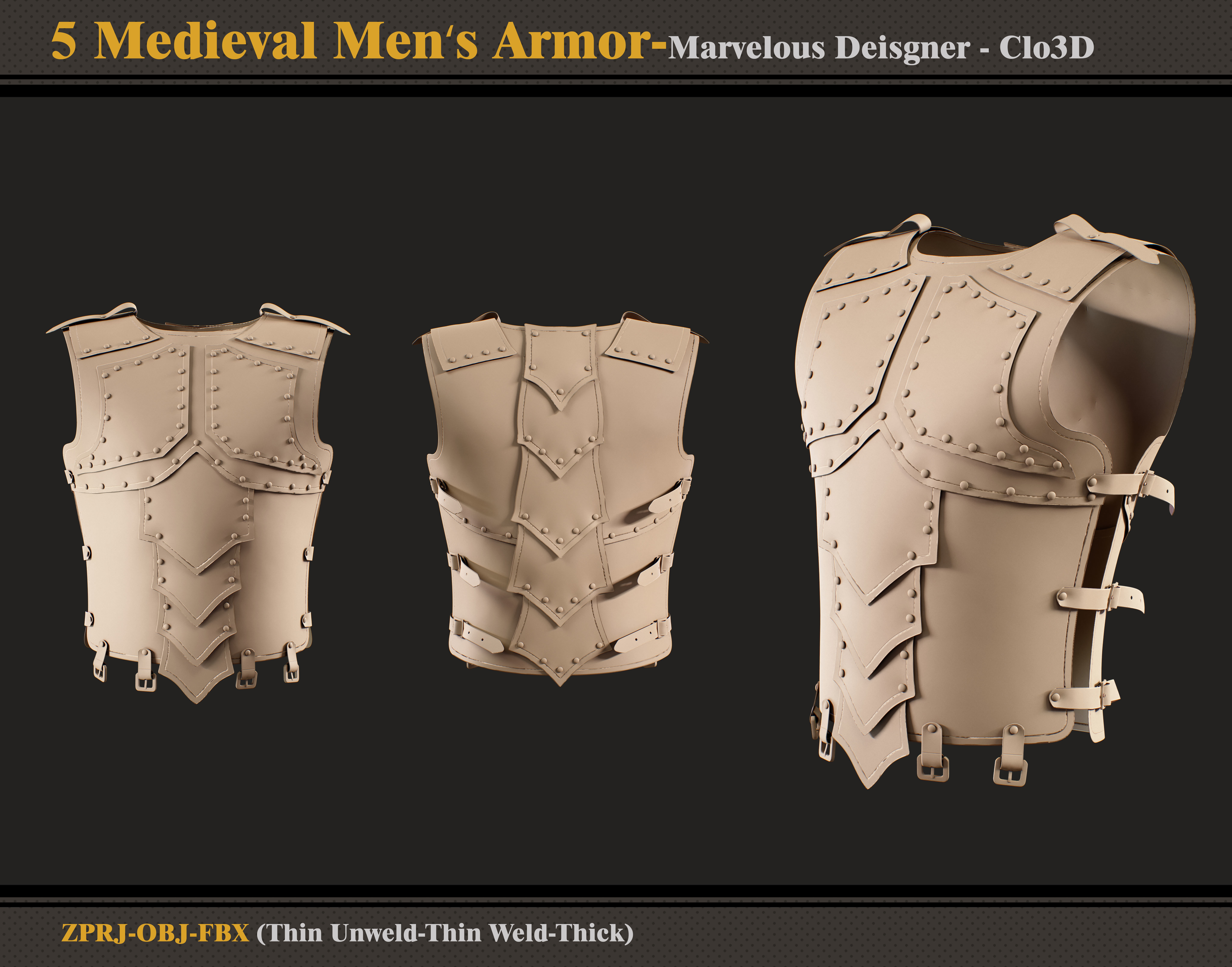 5 Medieval Men Armor -Marvelous Designer-Clo3D -ZPRJ - FBX - OBJ 3D model_1