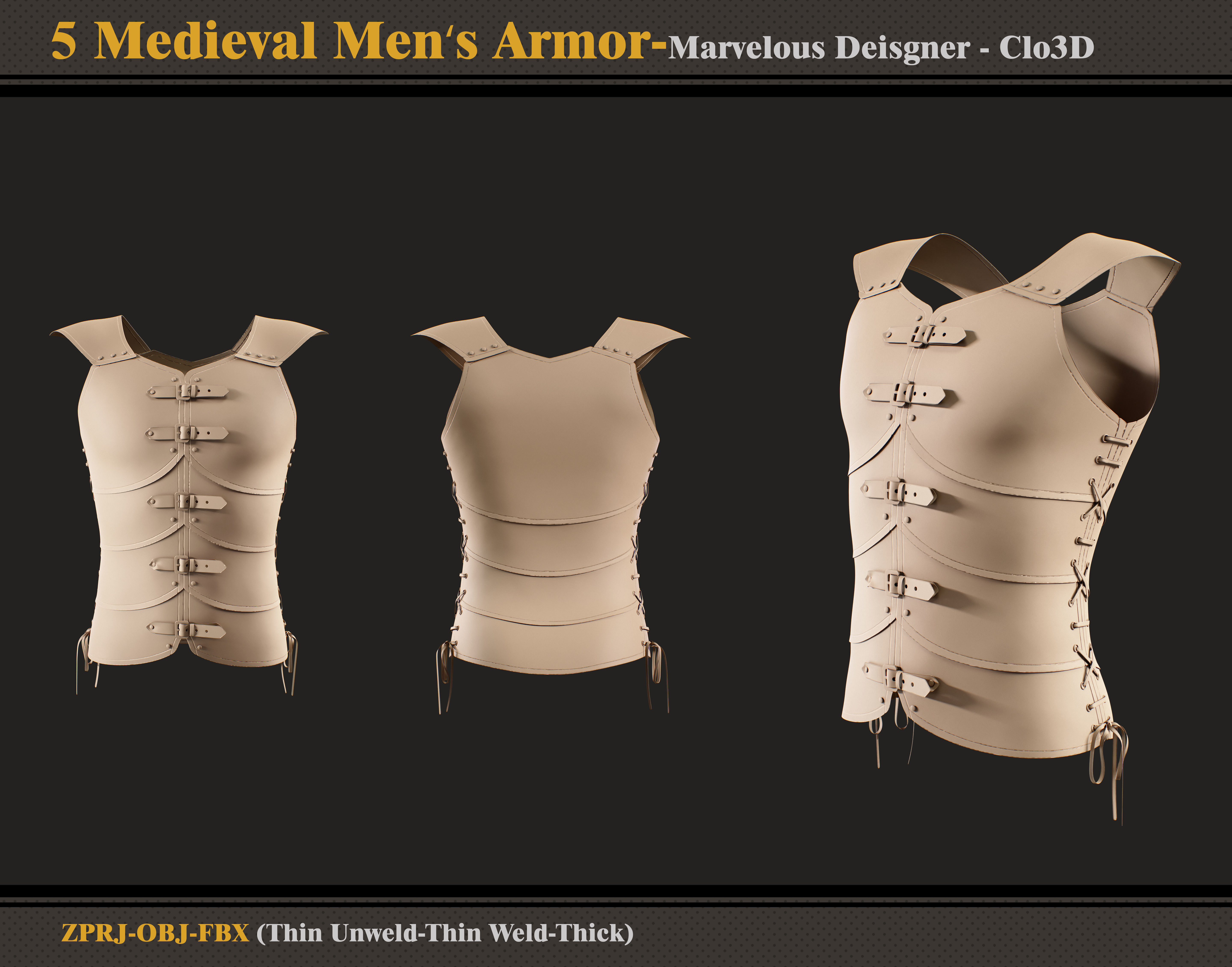 5 Medieval Men Armor -Marvelous Designer-Clo3D -ZPRJ - FBX - OBJ 3D model_5