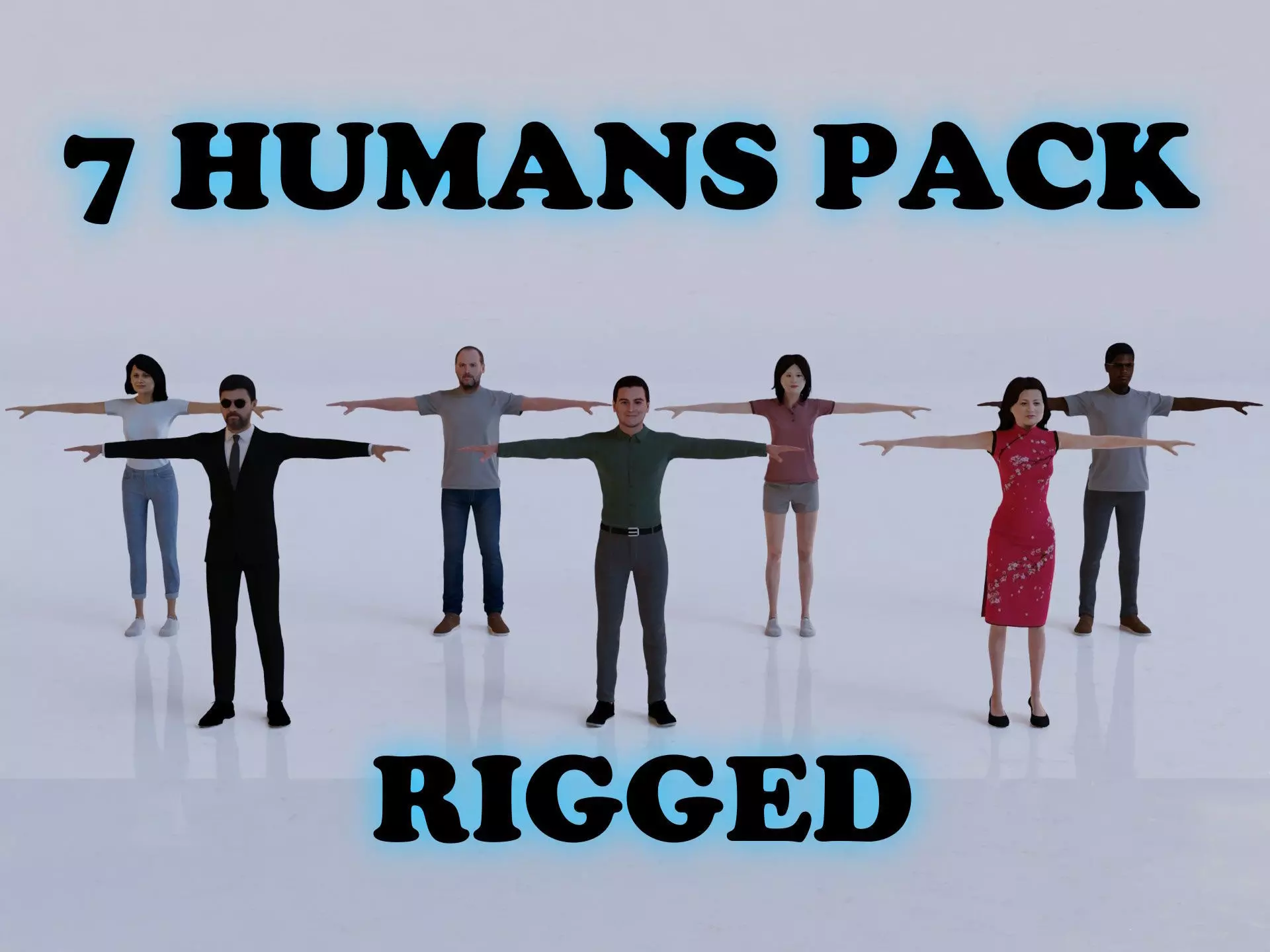 Pack of 7 rigged humans T-pose Low-poly 3D model_0