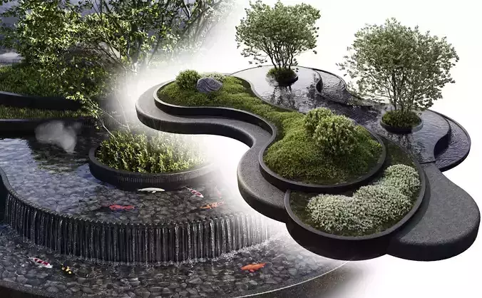 Landscaping Figure with Plants Waterfalls and Fish 3D model