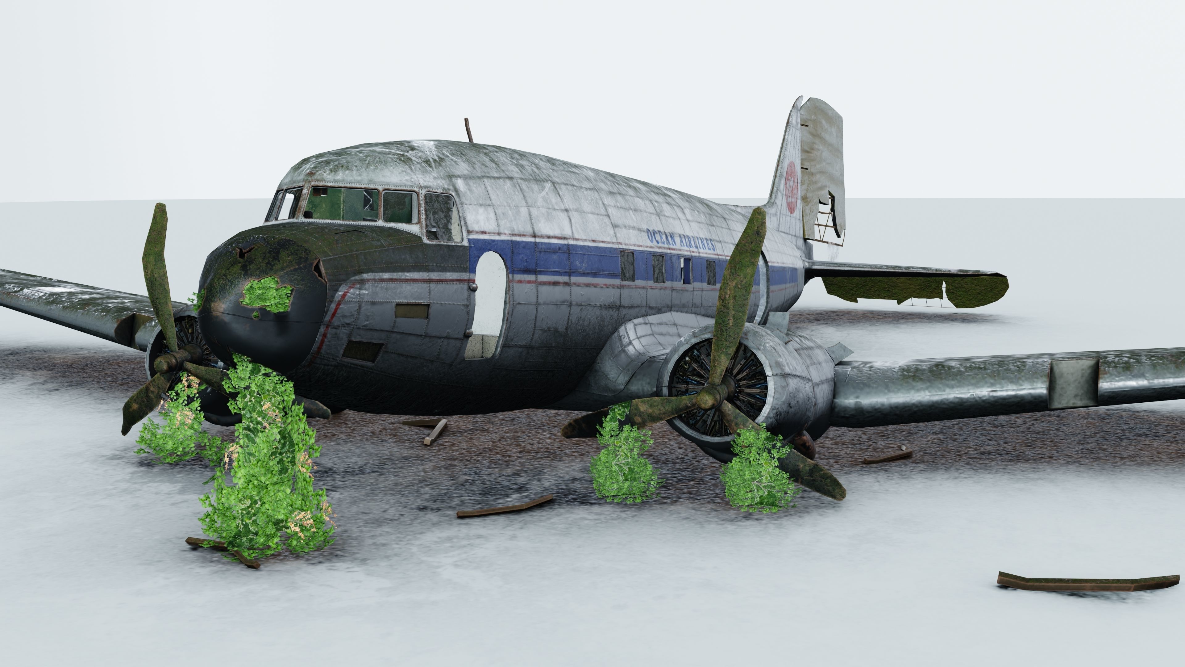 Wrecked Airplane with interior Low-poly 3D model_1