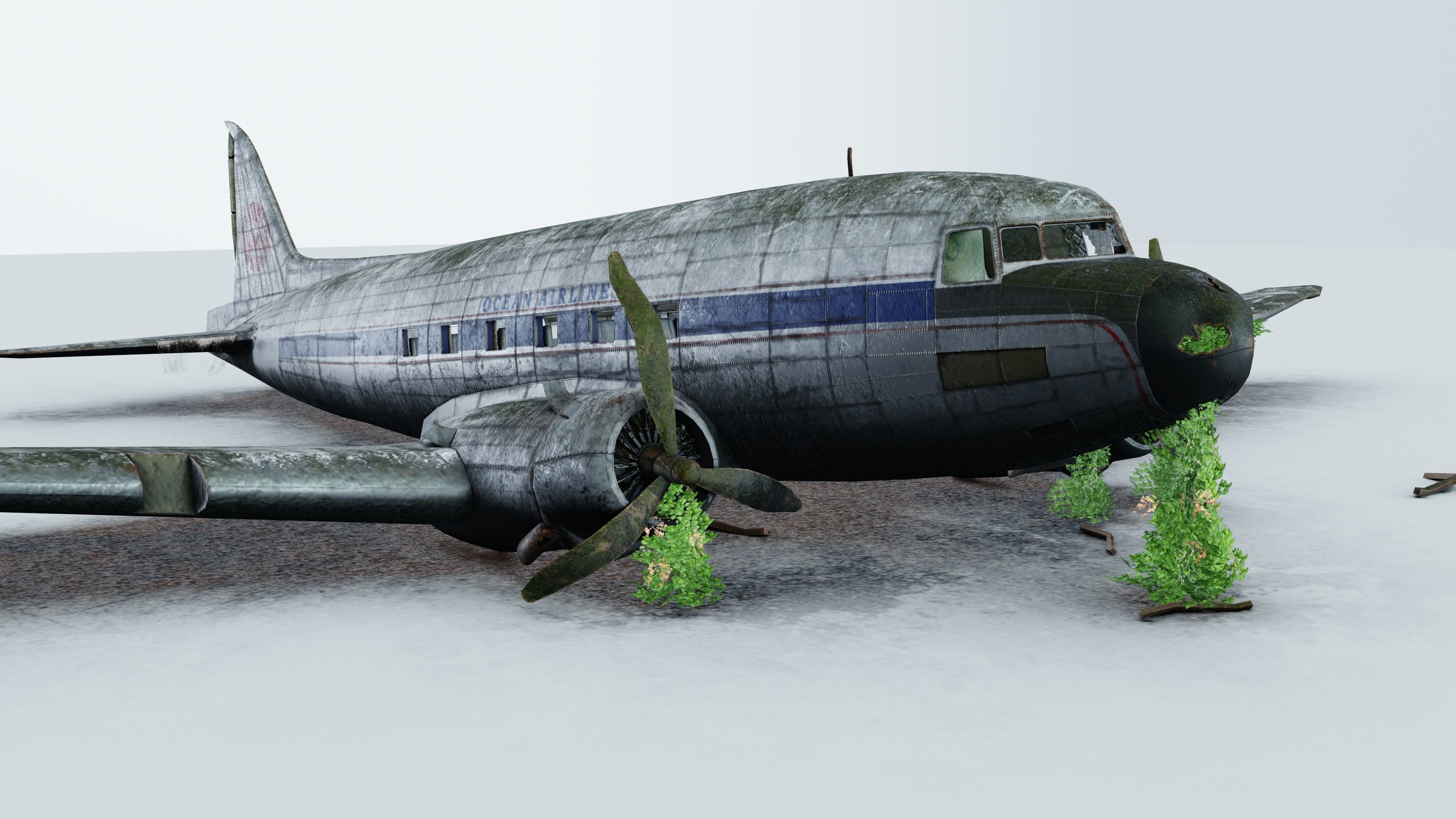 Wrecked Airplane with interior Low-poly 3D model_3