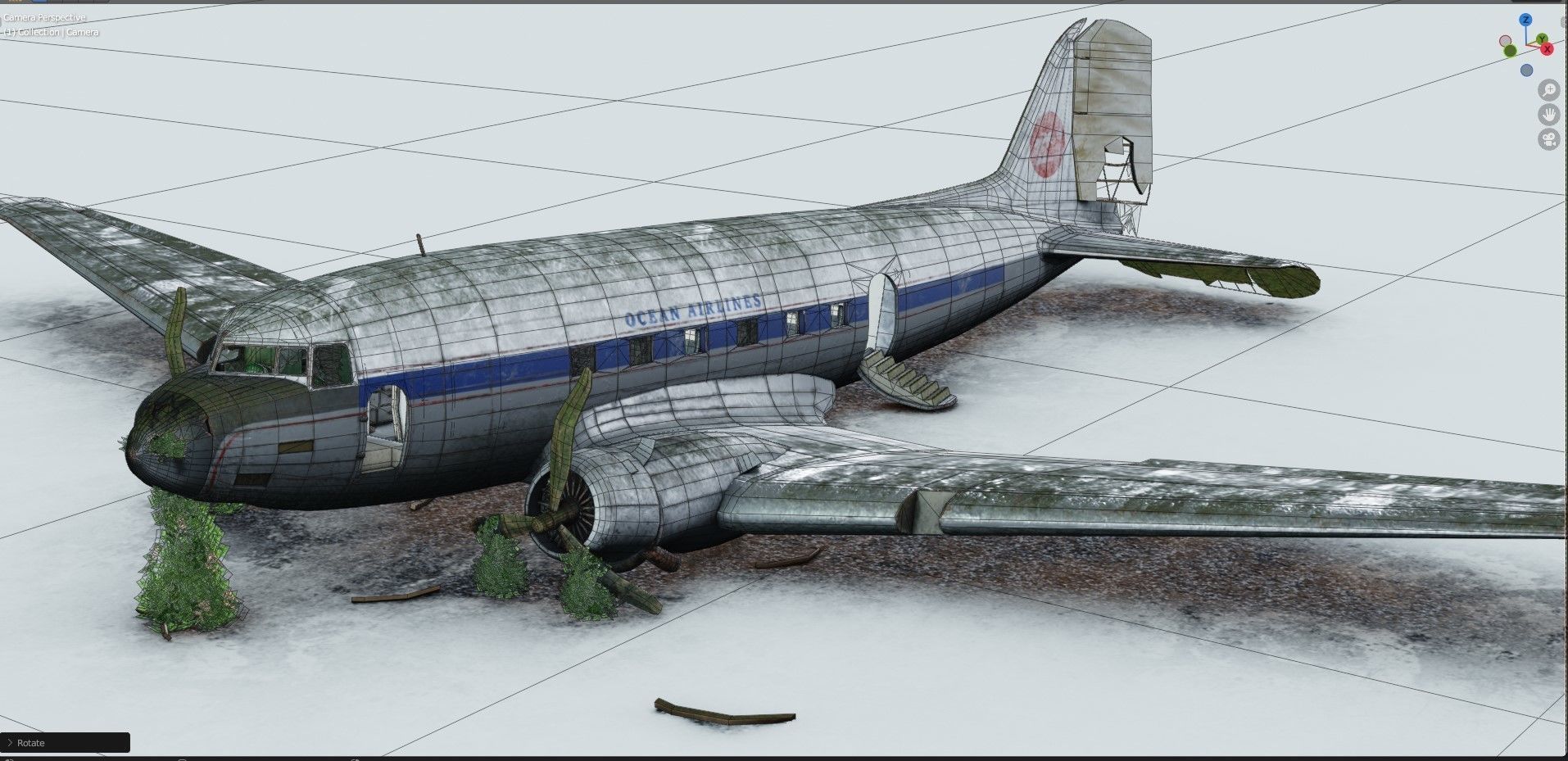 Wrecked Airplane with interior Low-poly 3D model_22