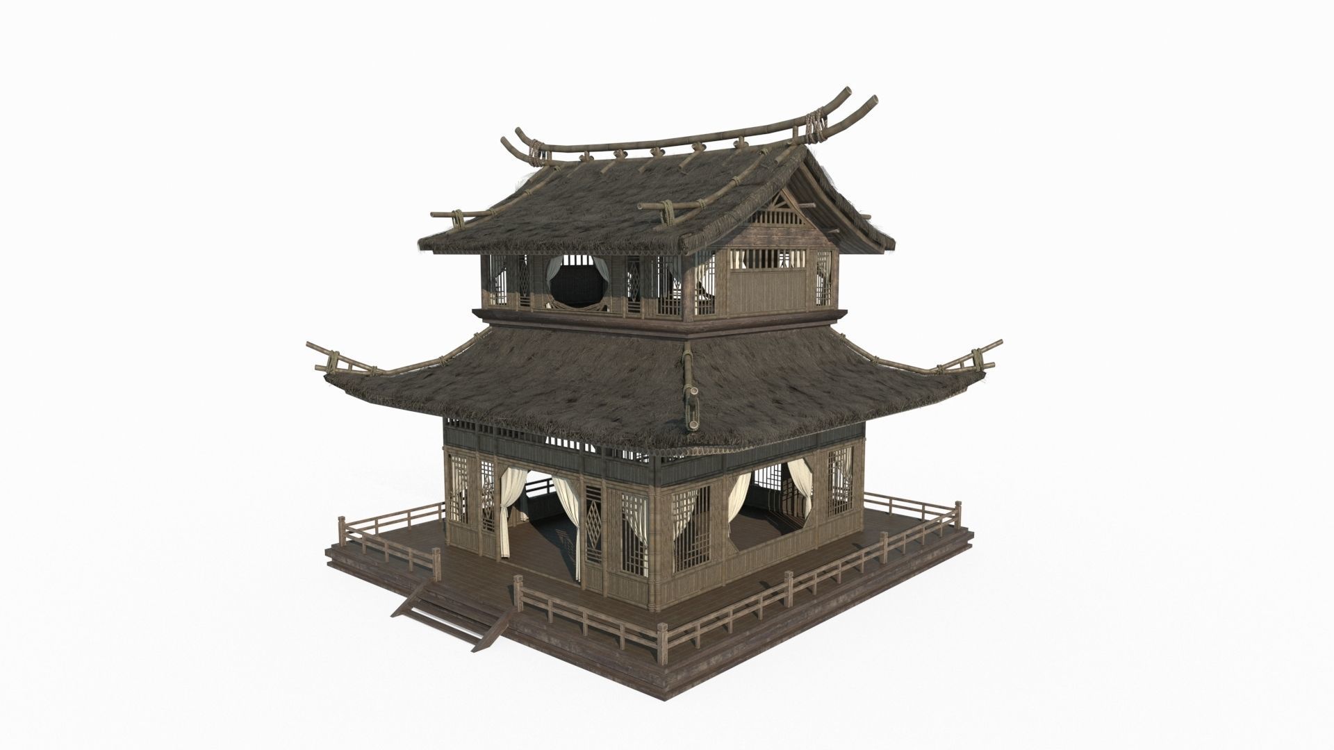 Ancient Asian architecture thatched palaces 3D model_2