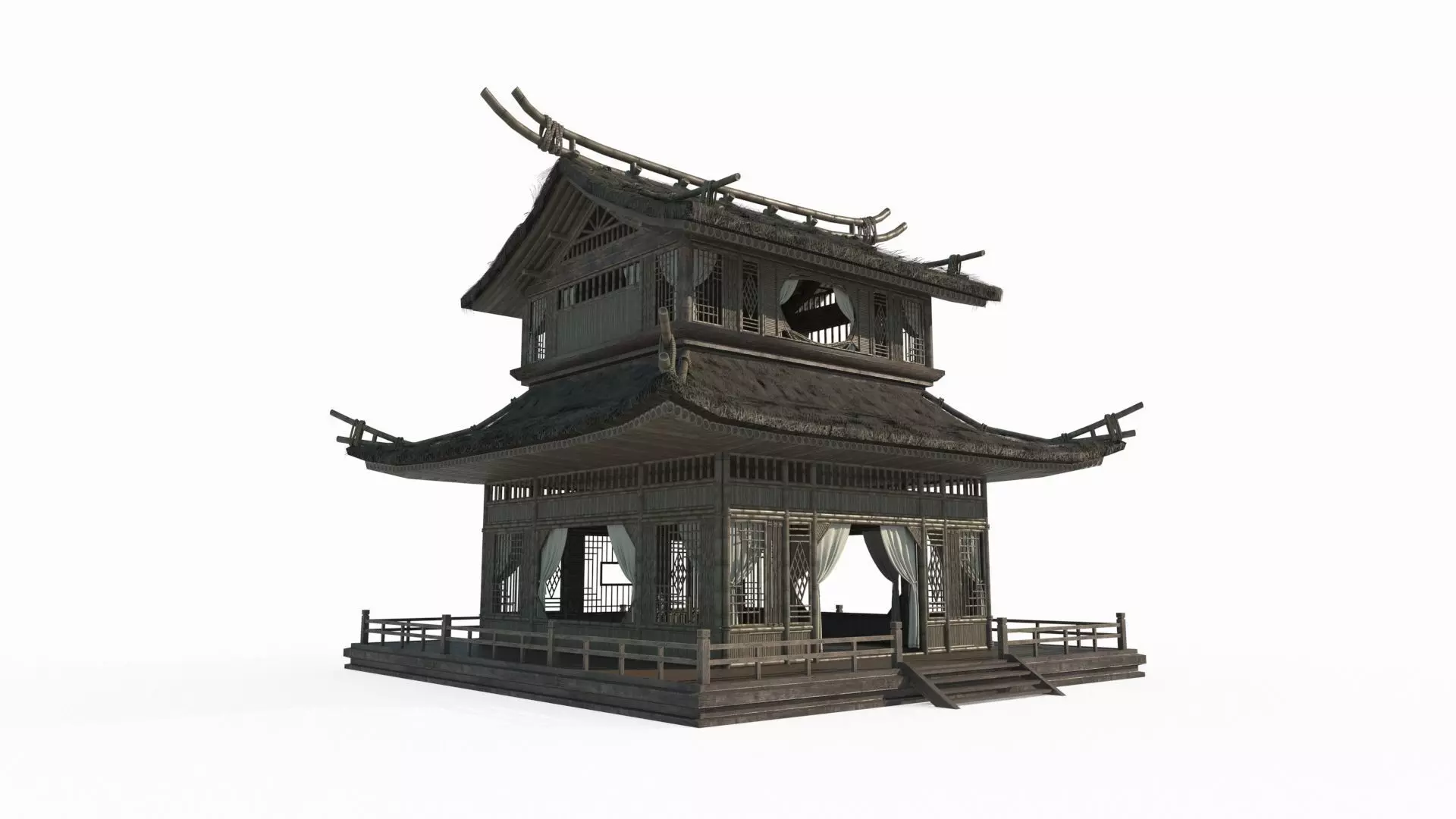 Ancient Asian architecture thatched palaces 3D model_0