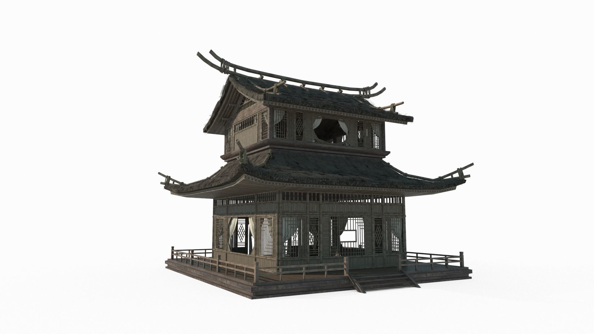 Ancient Asian architecture thatched palaces 3D model_4