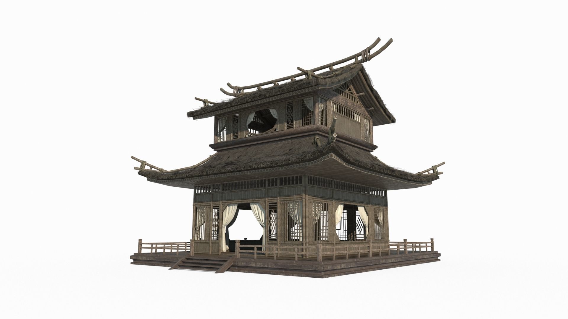 Ancient Asian architecture thatched palaces 3D model_1