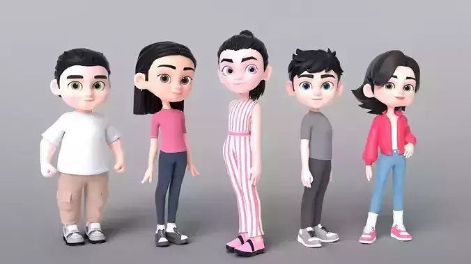 Cartoon Teen Kid Characters 3D Model Collection