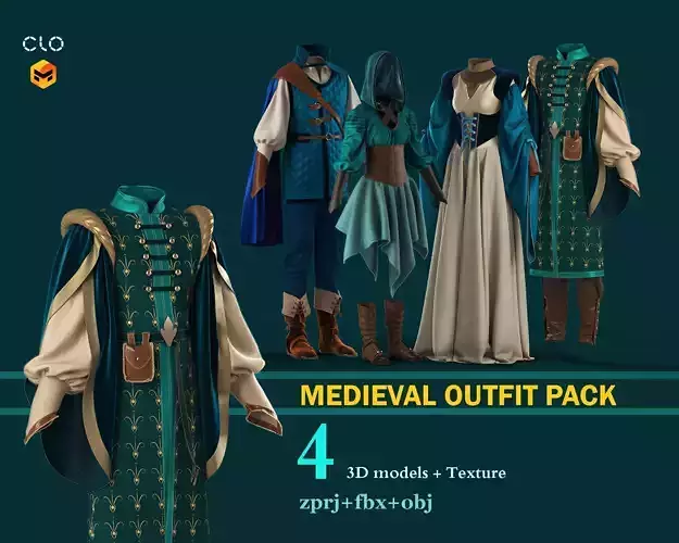 Medieval Outfit Pack CLO3D MD projects OBJ FBX 3D model