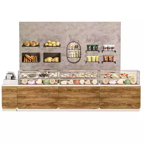 Shop with a showcase with desserts and meat products