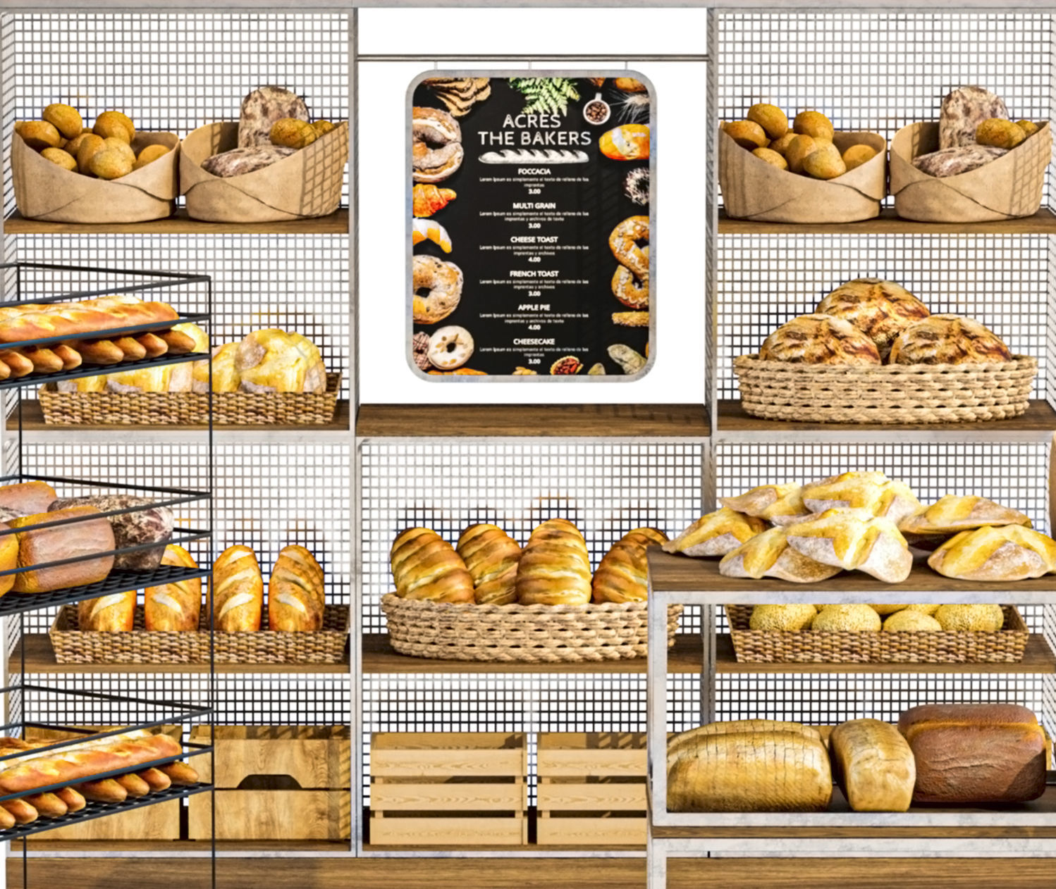 Large display case with pastries in a bakery Bread baguette 3D model_3