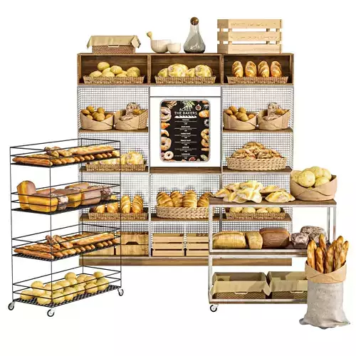 Large display case with pastries in a bakery Bread baguette 3D model