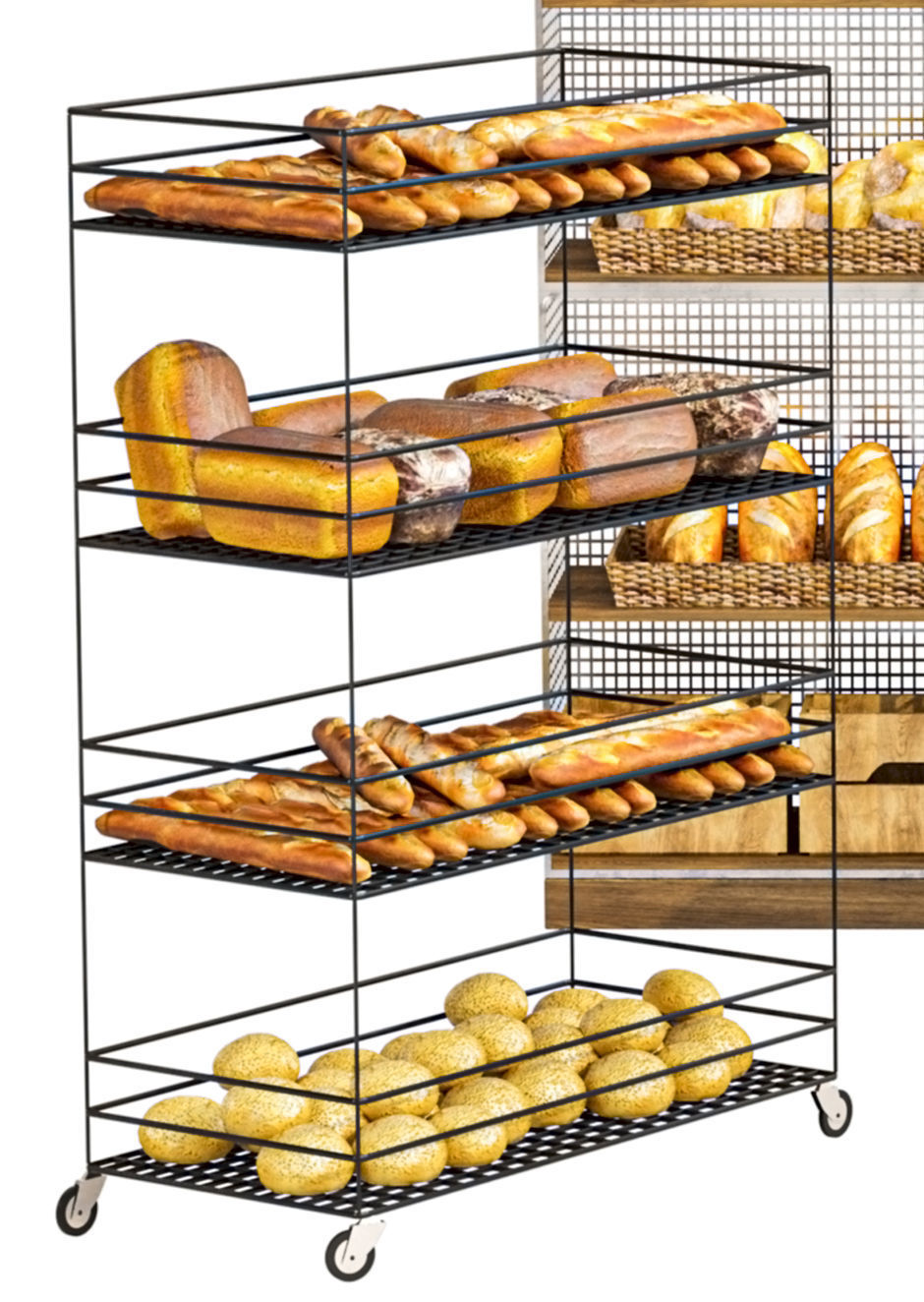 Large display case with pastries in a bakery Bread baguette 3D model_2