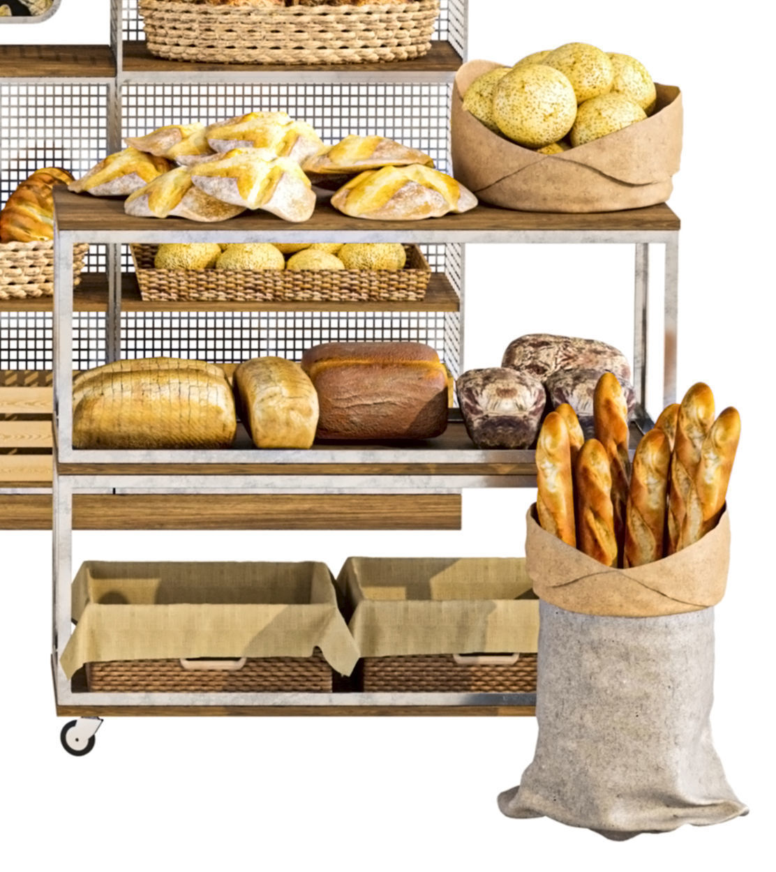 Large display case with pastries in a bakery Bread baguette 3D model_4