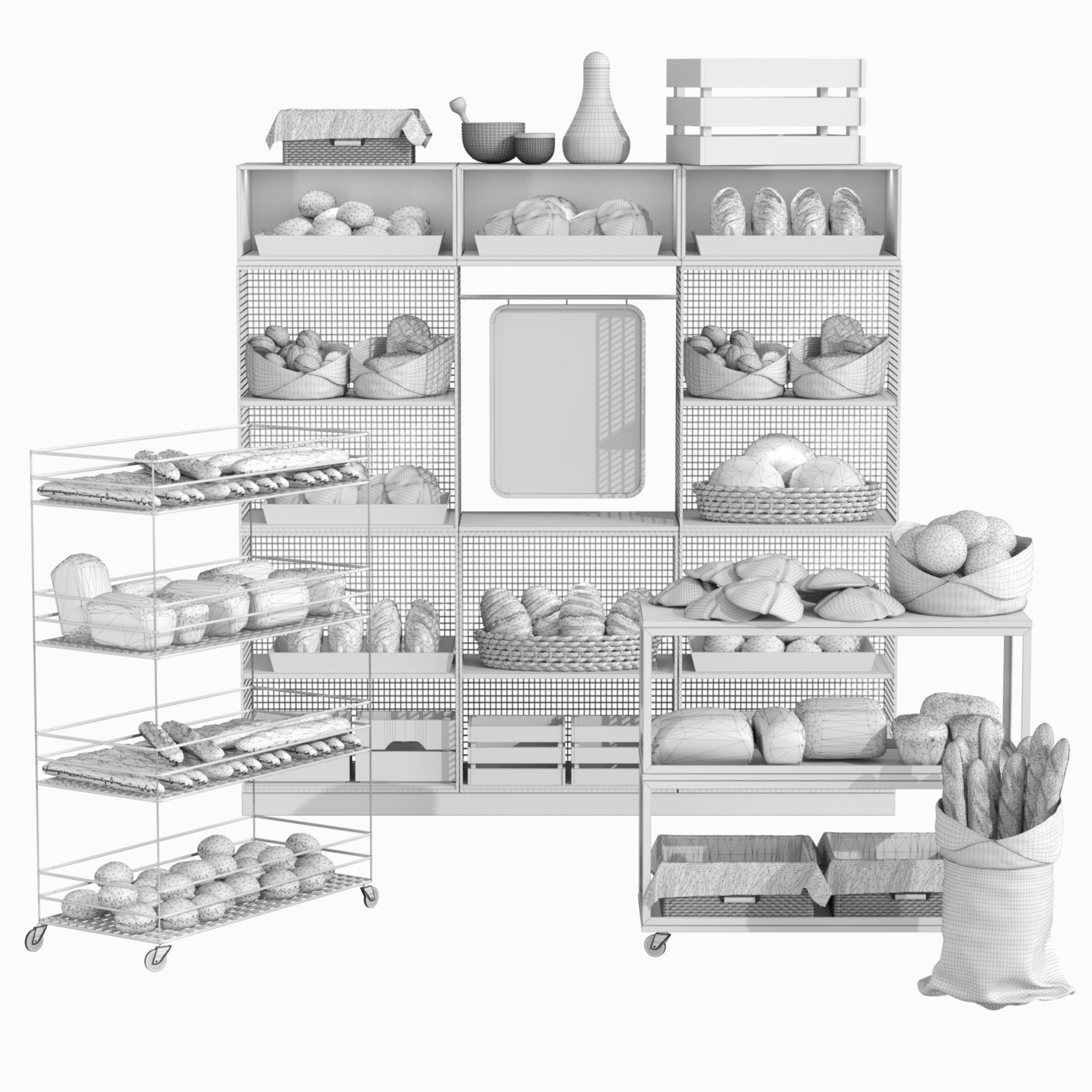Large display case with pastries in a bakery Bread baguette 3D model_1