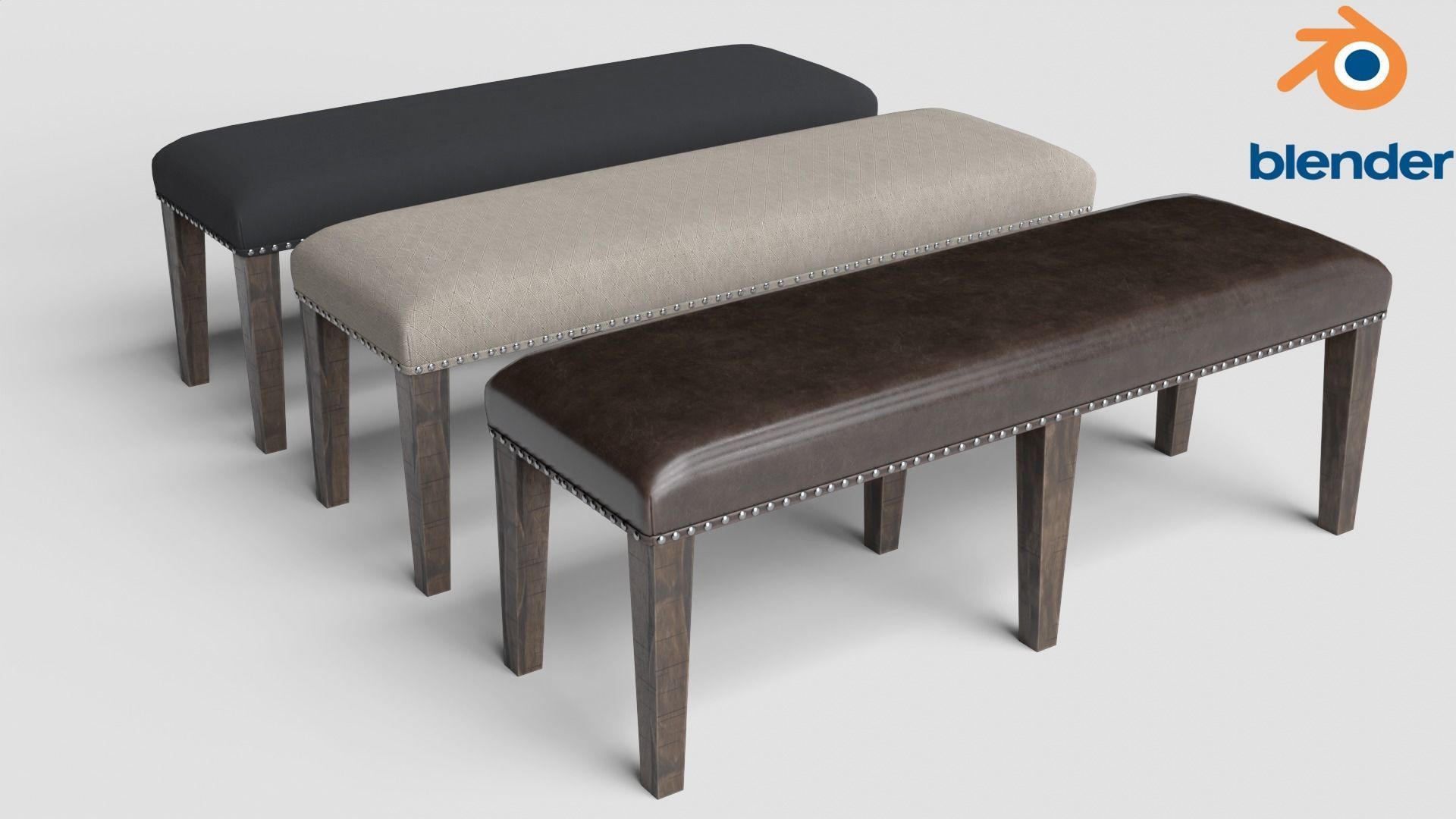 Backless Upholstered Dining Bench Oak Low-poly 3D model_16