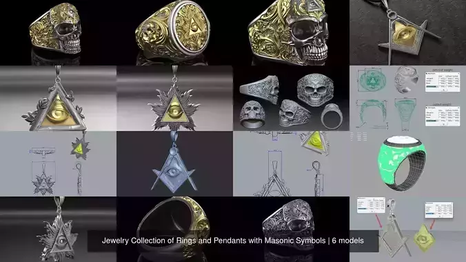 Jewelry Collection of Rings and Pendants with Masonic Symbols 