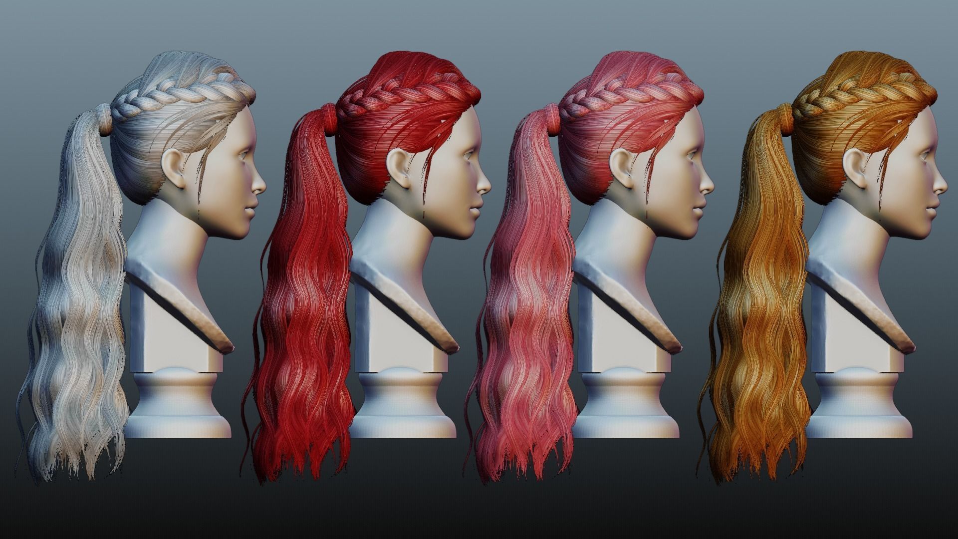 Female long hair 4 color Low-poly 3D model_3