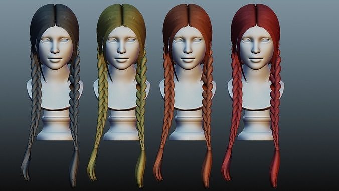 Female braid hair 4 colors Low-poly 3D model