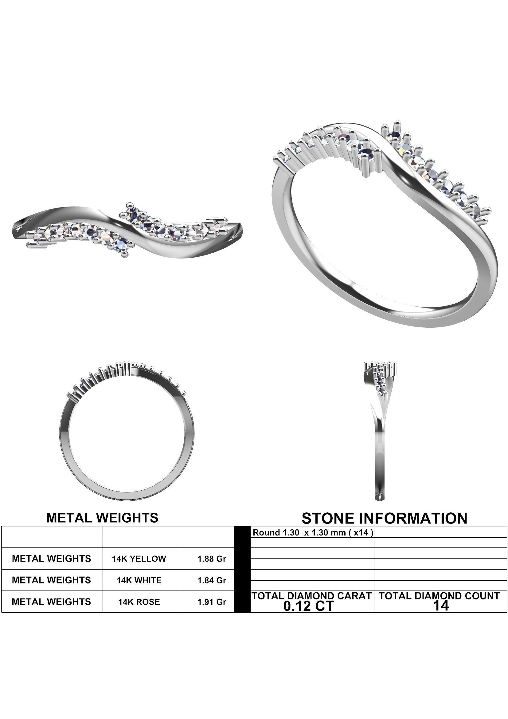 Elegant Wave Diamond Ring 012 Ct Delicate 14K Gold Band 3D print model_8