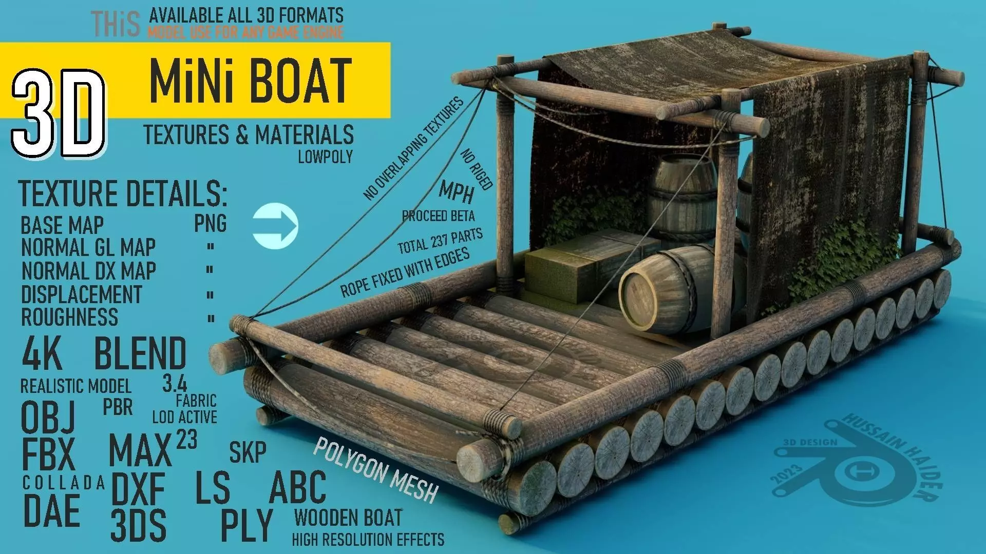 Wooden Mini Boat Low-poly 3D model