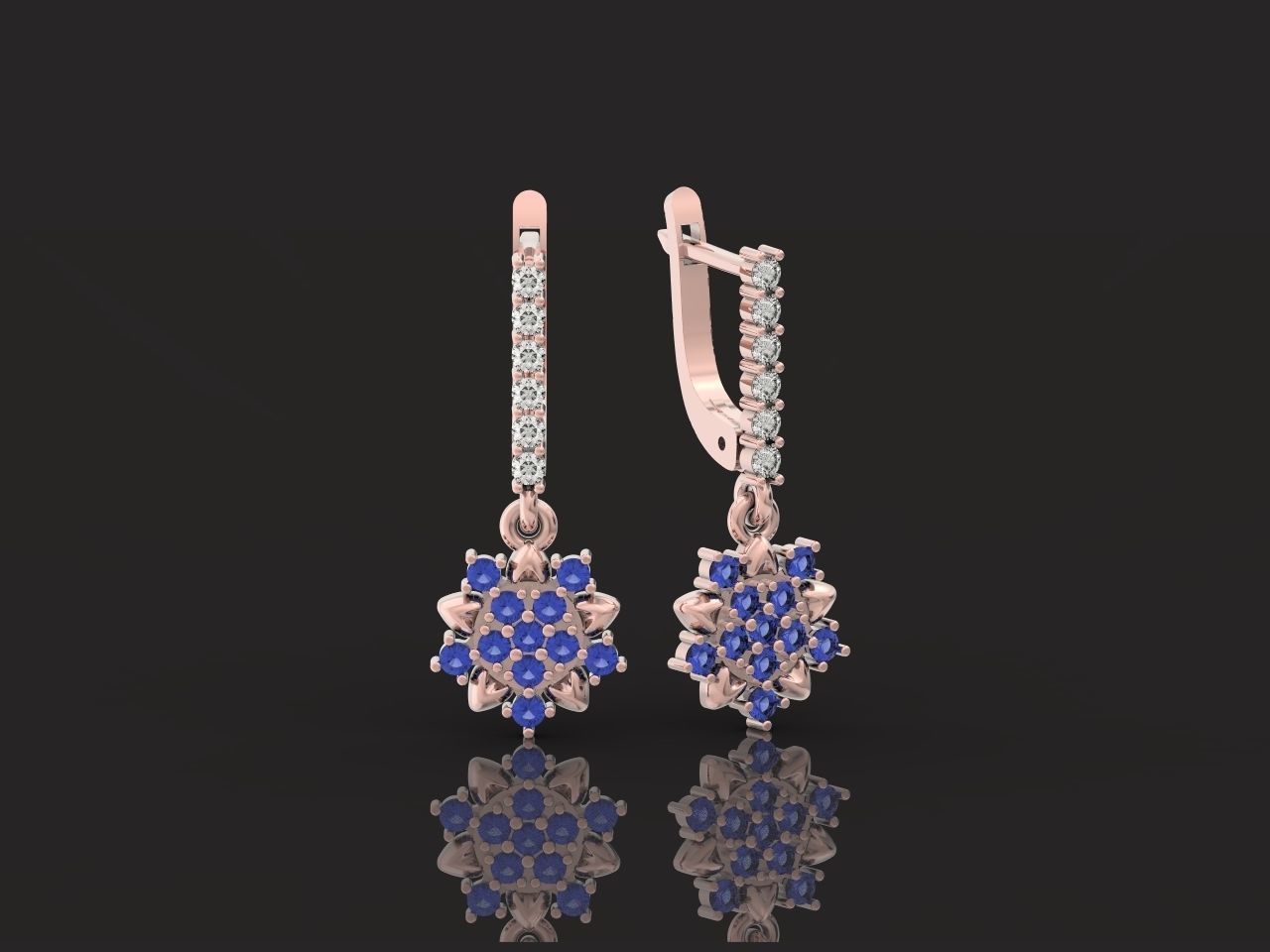 dangling snowflake flower earrings with diamonds 935 3D print model_24