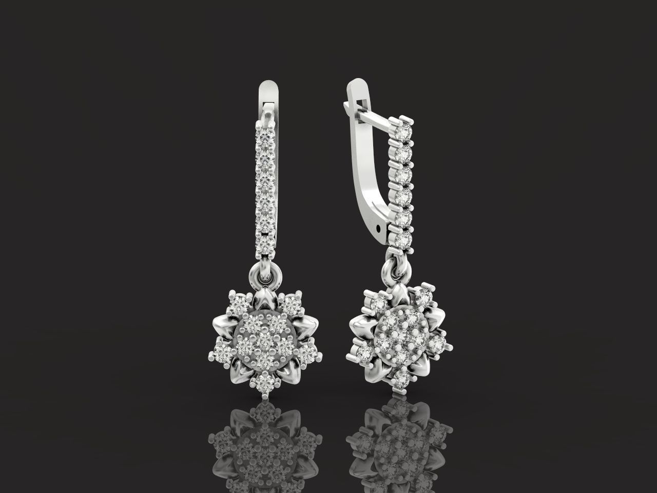 dangling snowflake flower earrings with diamonds 935 3D print model_32