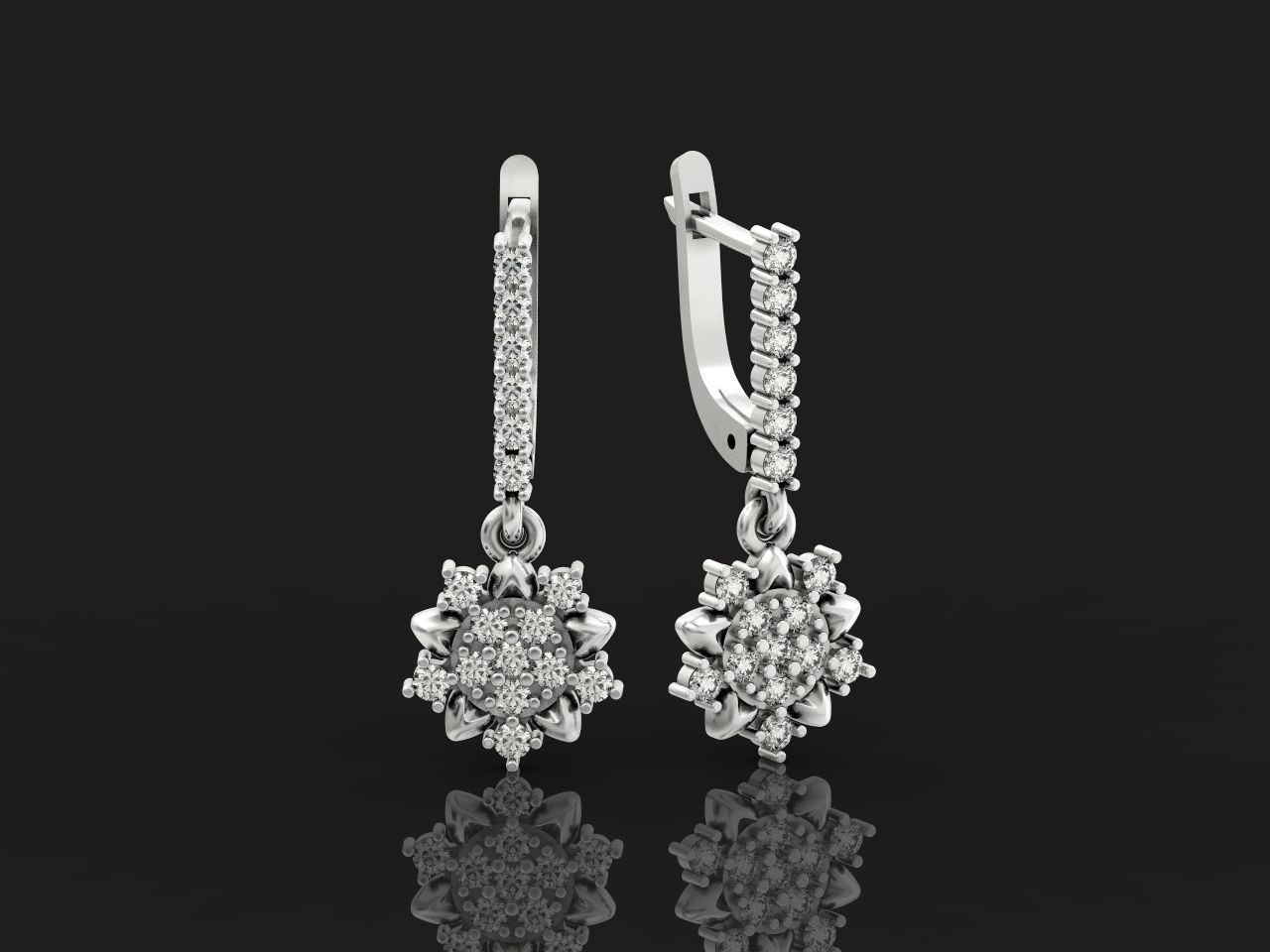 dangling snowflake flower earrings with diamonds 935 3D print model_18