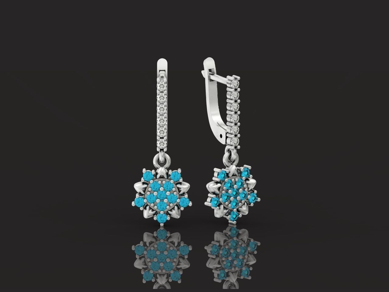 dangling snowflake flower earrings with diamonds 935 3D print model_21