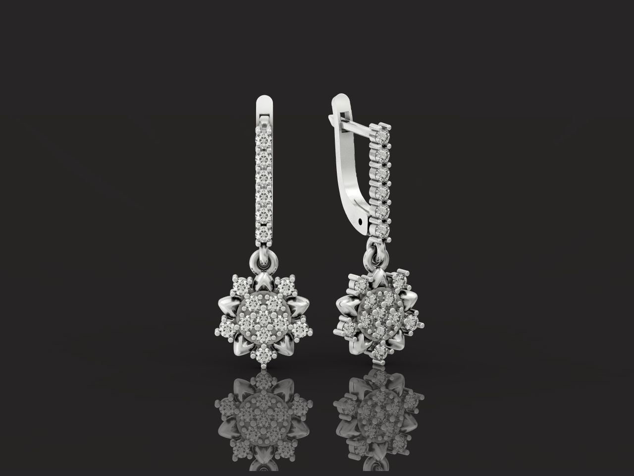 dangling snowflake flower earrings with diamonds 935 3D print model_34