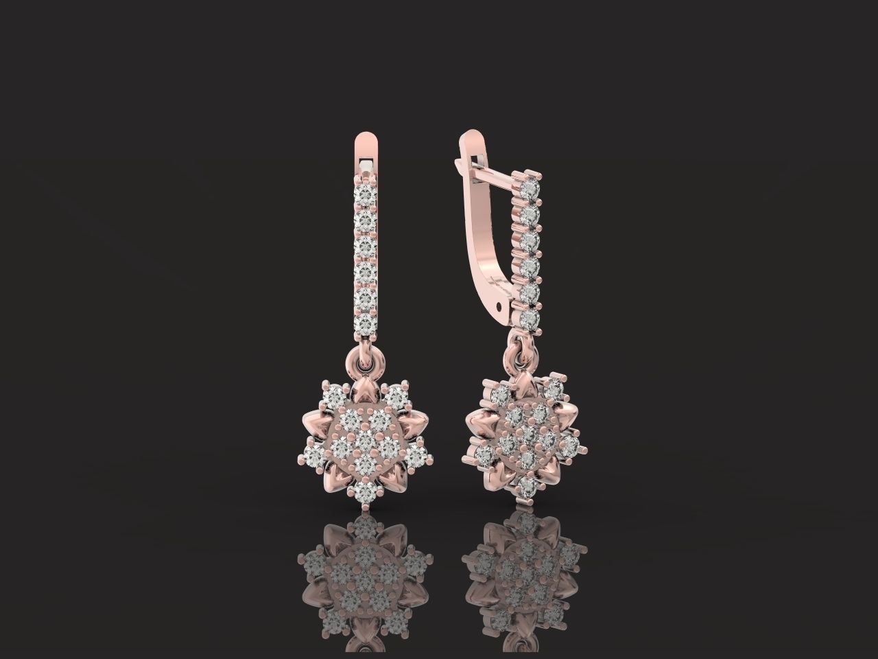 dangling snowflake flower earrings with diamonds 935 3D print model_25