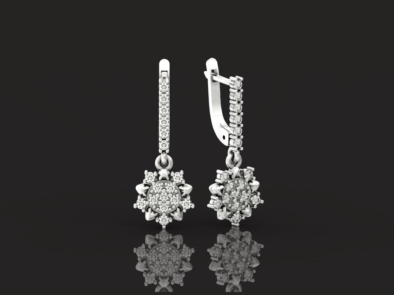 dangling snowflake flower earrings with diamonds 935 3D print model_27