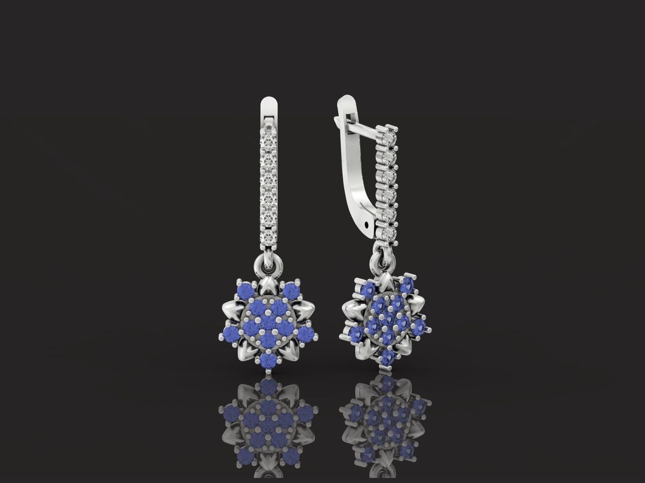 dangling snowflake flower earrings with diamonds 935 3D print model_20