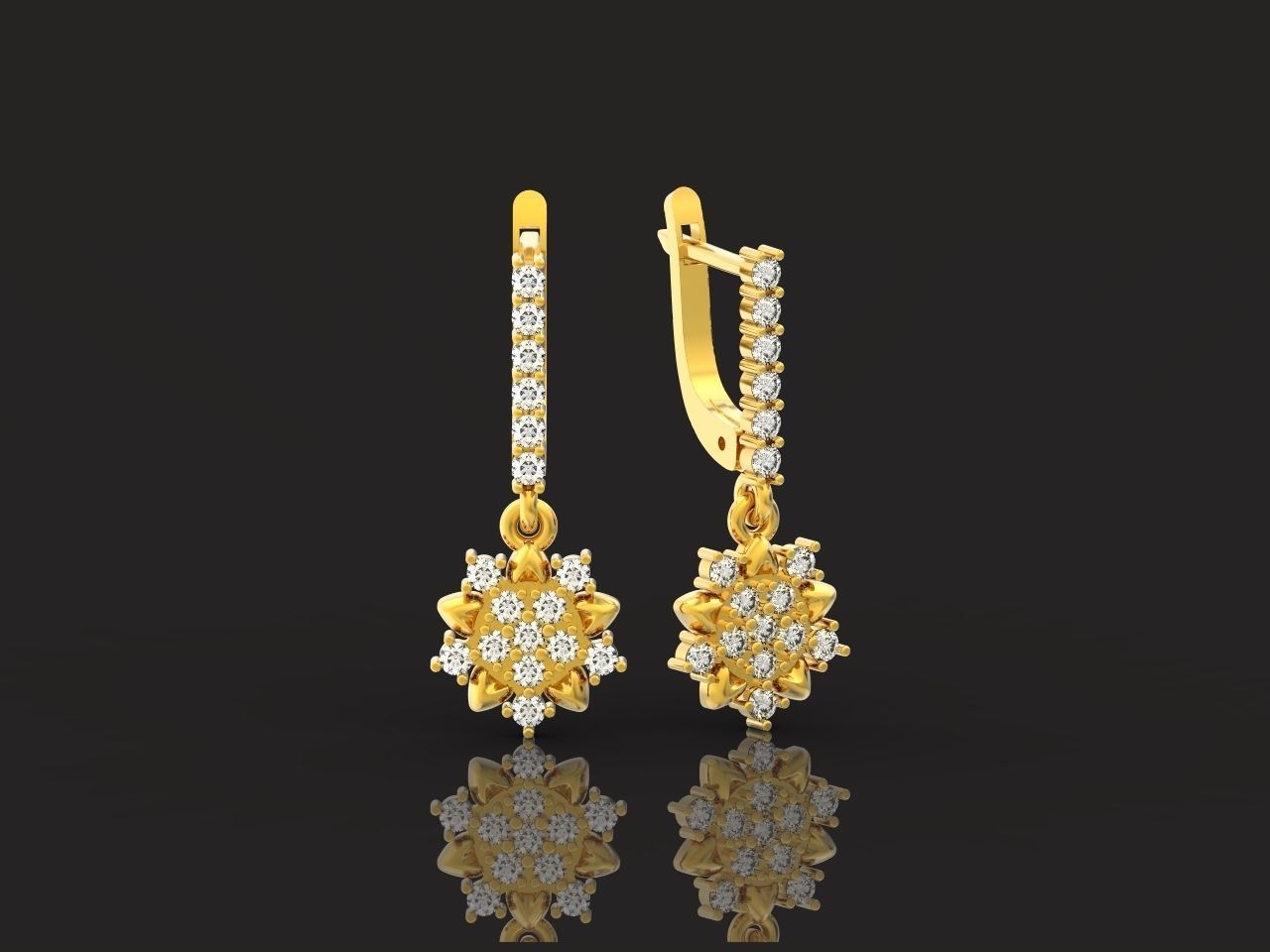 dangling snowflake flower earrings with diamonds 935 3D print model_26