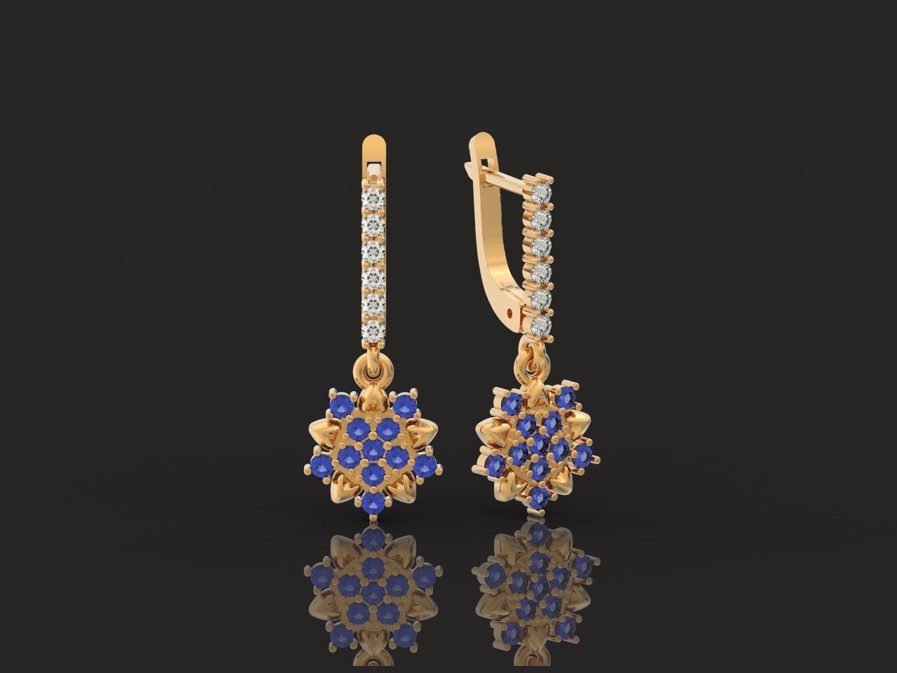 dangling snowflake flower earrings with diamonds 935 3D print model_23