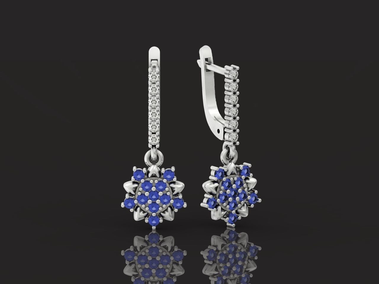 dangling snowflake flower earrings with diamonds 935 3D print model_1