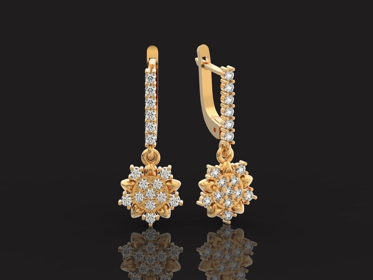 dangling snowflake flower earrings with diamonds 935 3D print model_13