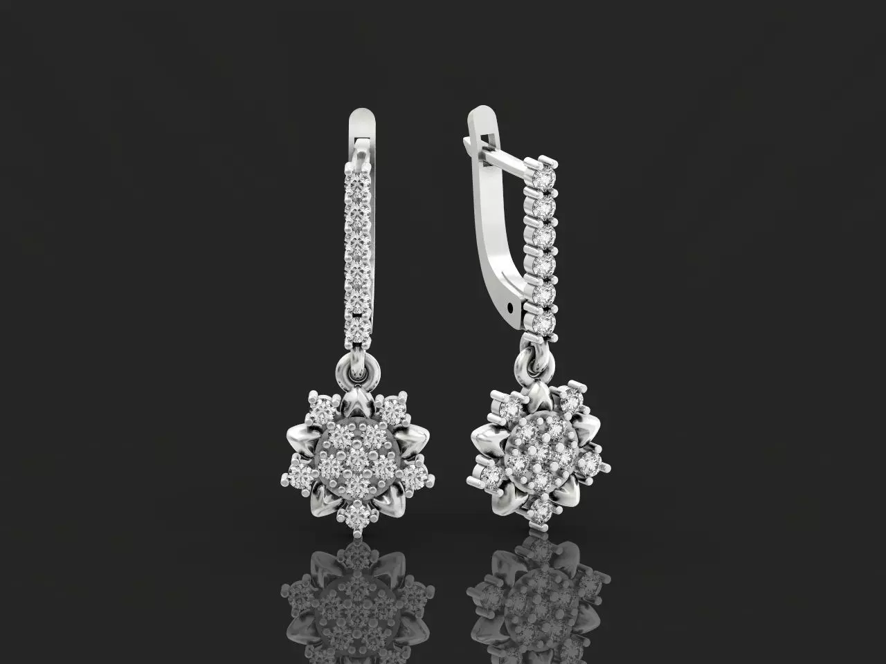 dangling snowflake flower earrings with diamonds 935 3D print model_0