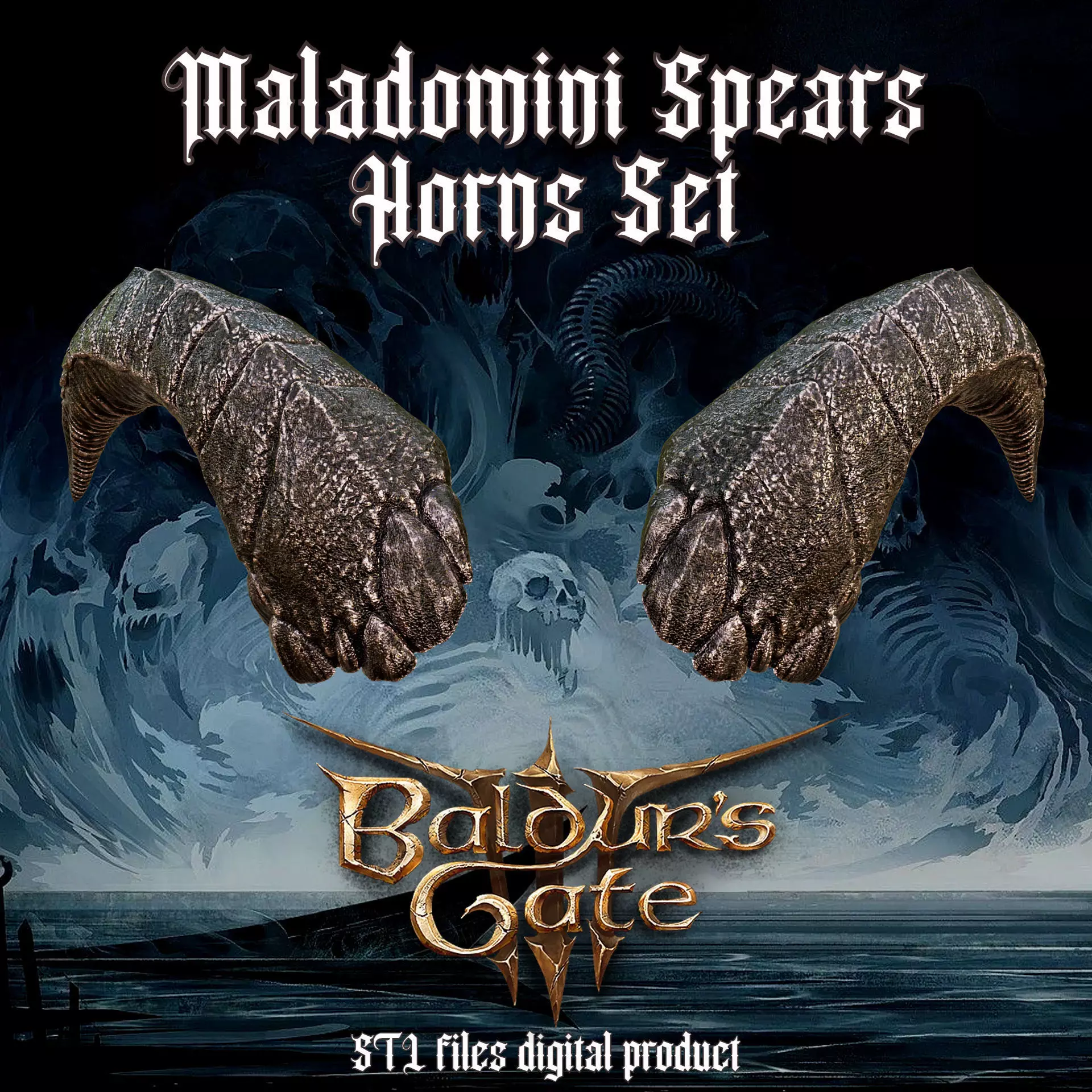 Tiefling Maladomini Spears Fantasy horns set Baldurs Gate 3 3D print model_0