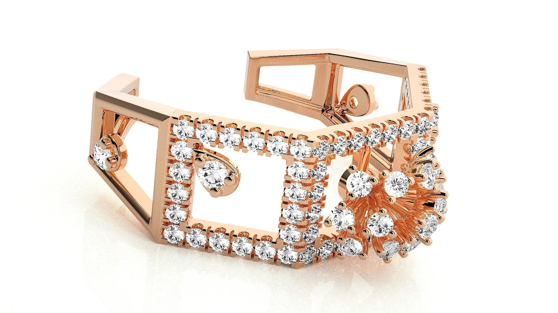  Flower Italian High Jewelry Diamond Cocktail Ring 3dm renders  3D print model_3