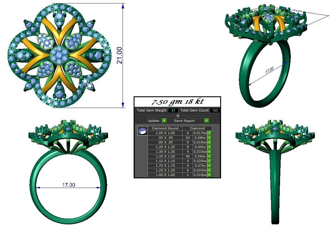  Flower Italian High Jewelry Diamond Cocktail Ring 3dm renders  3D print model_2